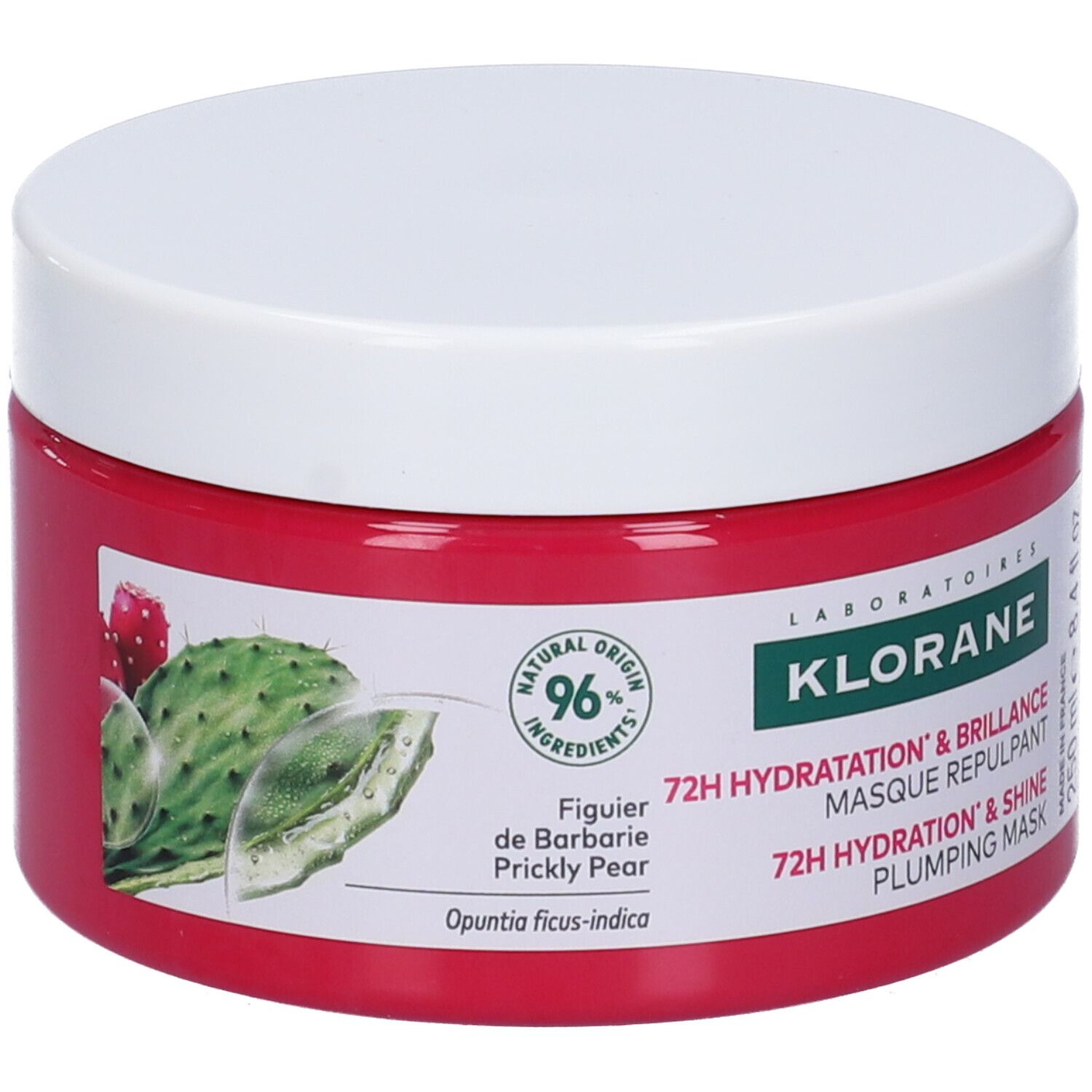 Barattolo rotondo con contenuto rosa e coperchio bianco. Testo: Klorane, 72H Hydratation & Brillance, 250 ml.