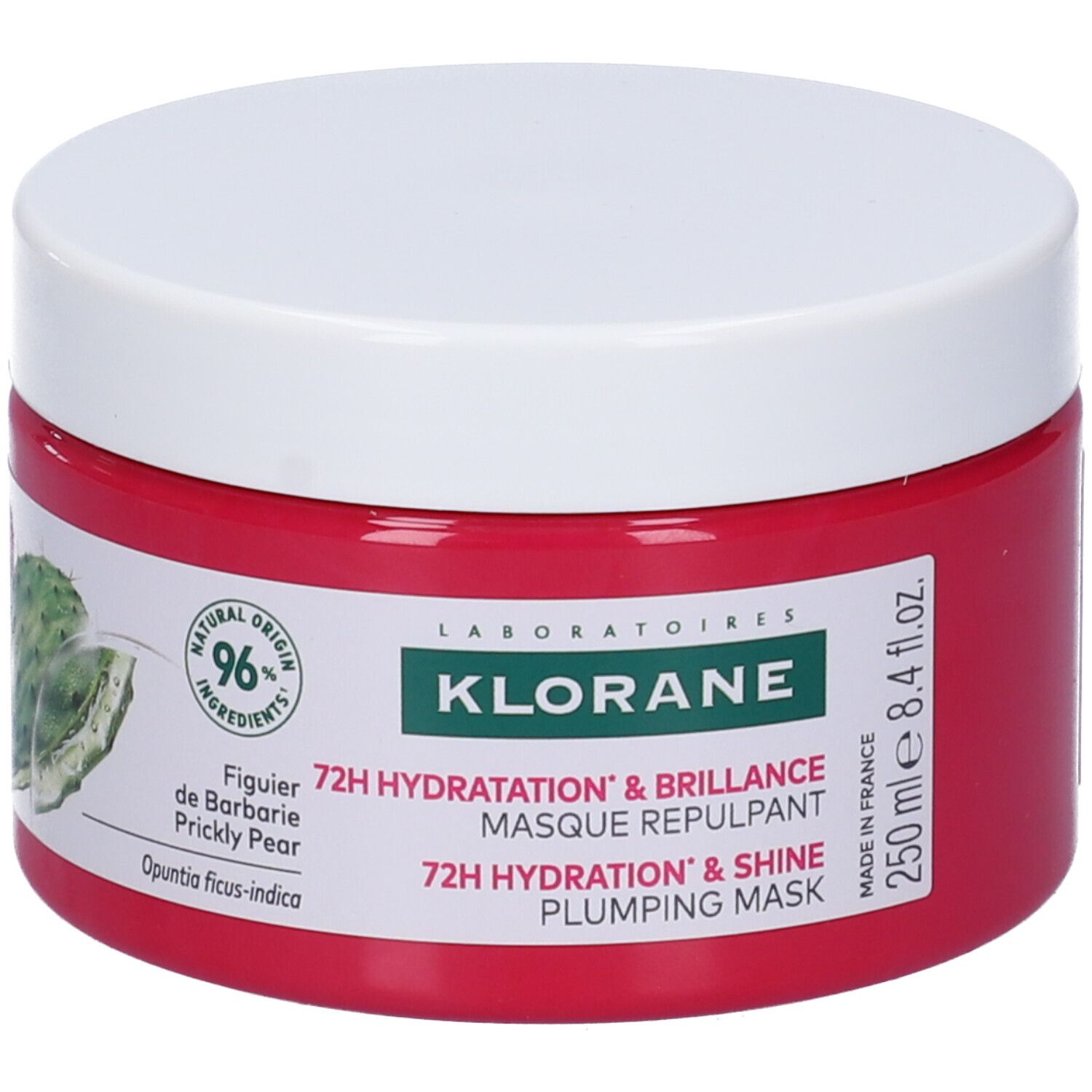 Barattolo rotondo con contenuto rosa e coperchio bianco. Testo: Klorane, 72H Hydratation & Brillance, 250 ml.
