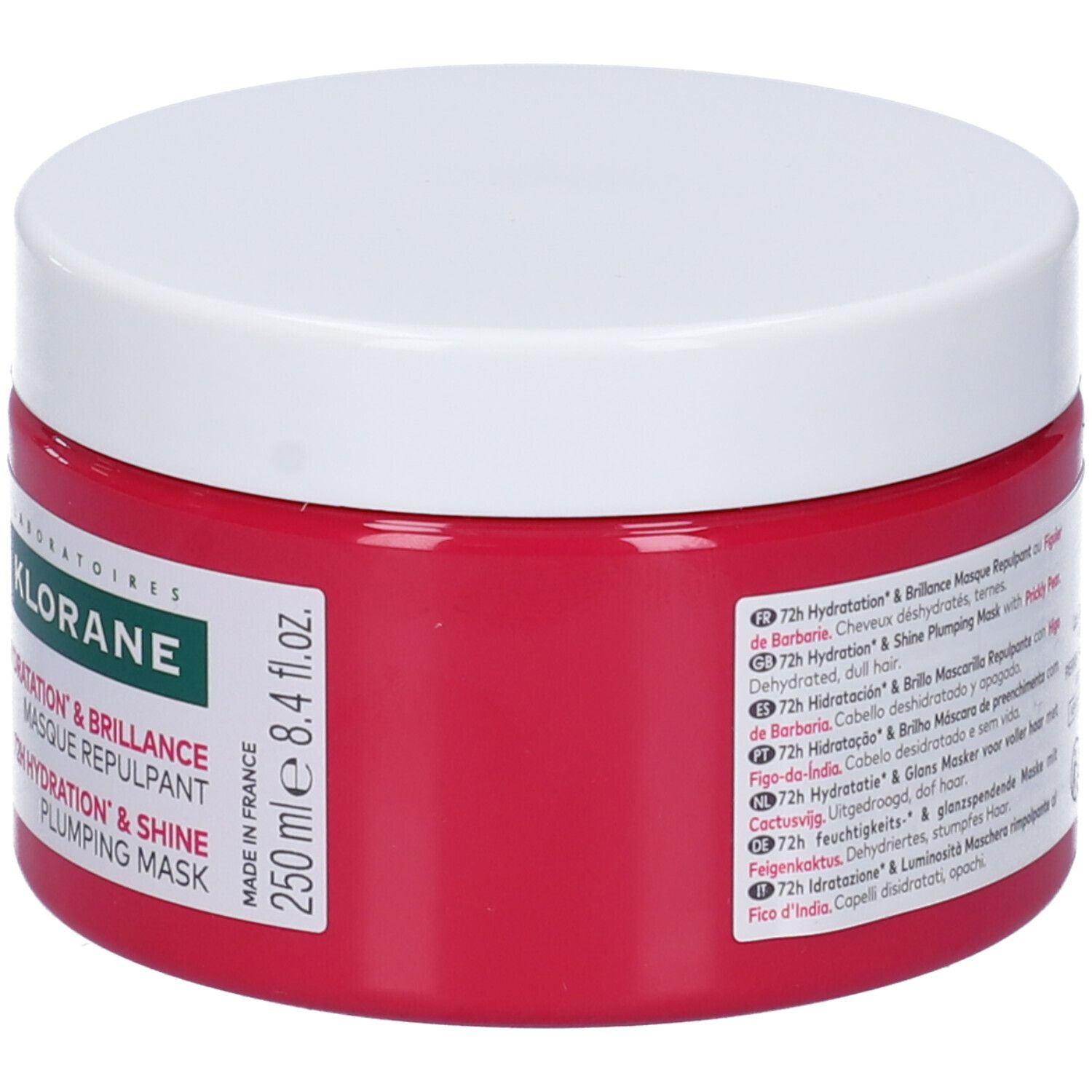 Barattolo rotondo con contenuto rosa e coperchio bianco. Testo: Klorane, 72H Hydratation & Brillance, 250 ml.