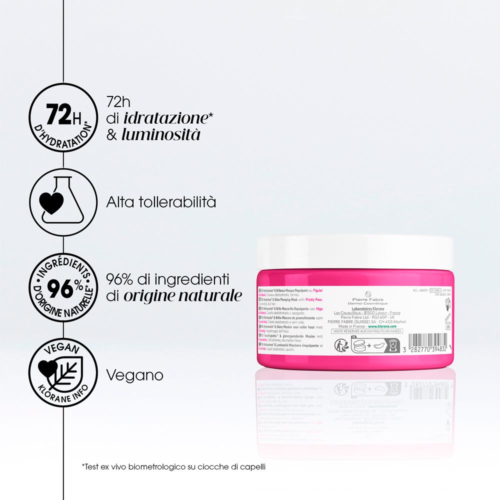 Barattolo rosa con coperchio bianco. Testo: 72H di idratazione & luminosità, 96% ingredienti naturali, Vegan.