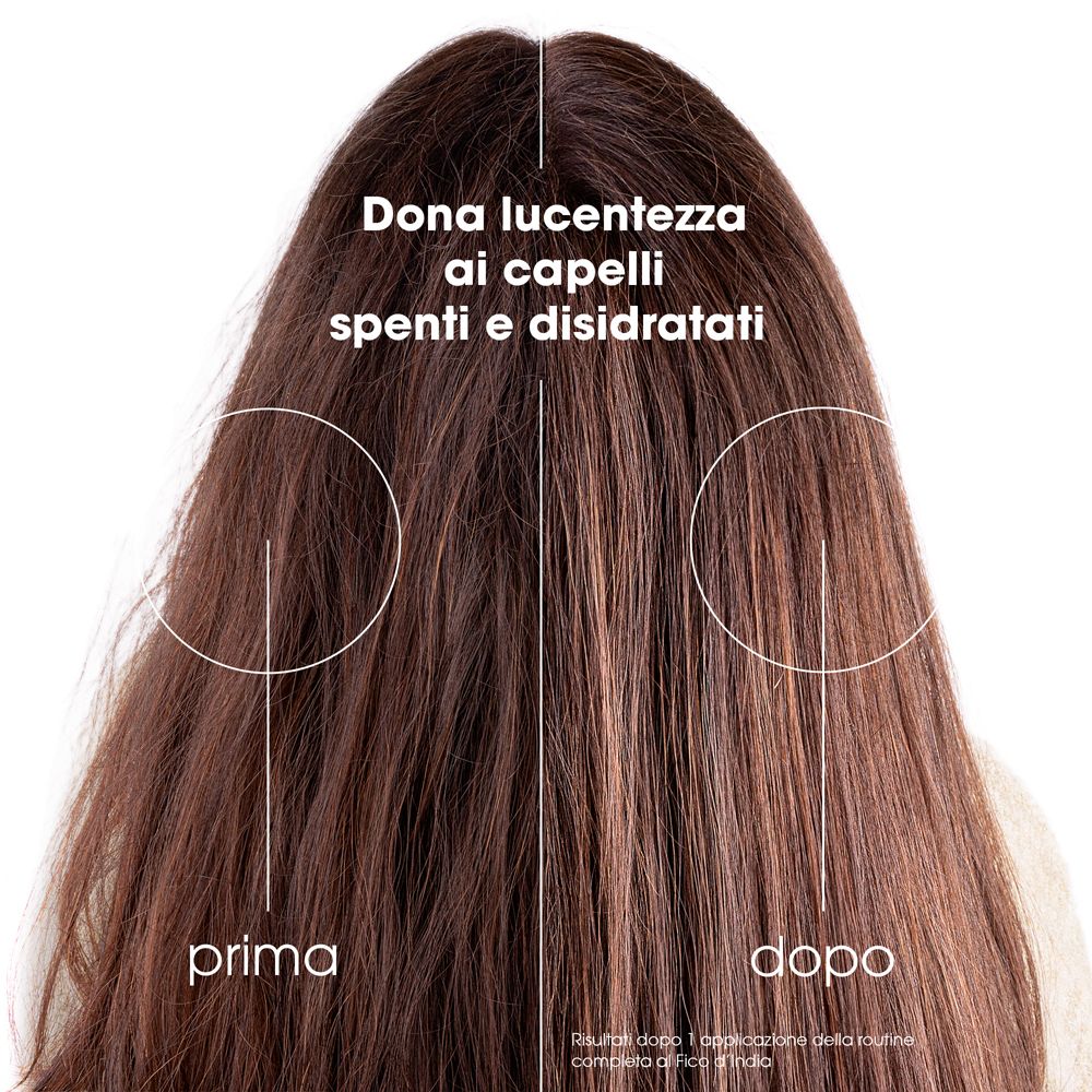 Capelli prima e dopo l'uso. Testo: Dona lucentezza ai capelli spenti e disidratati.