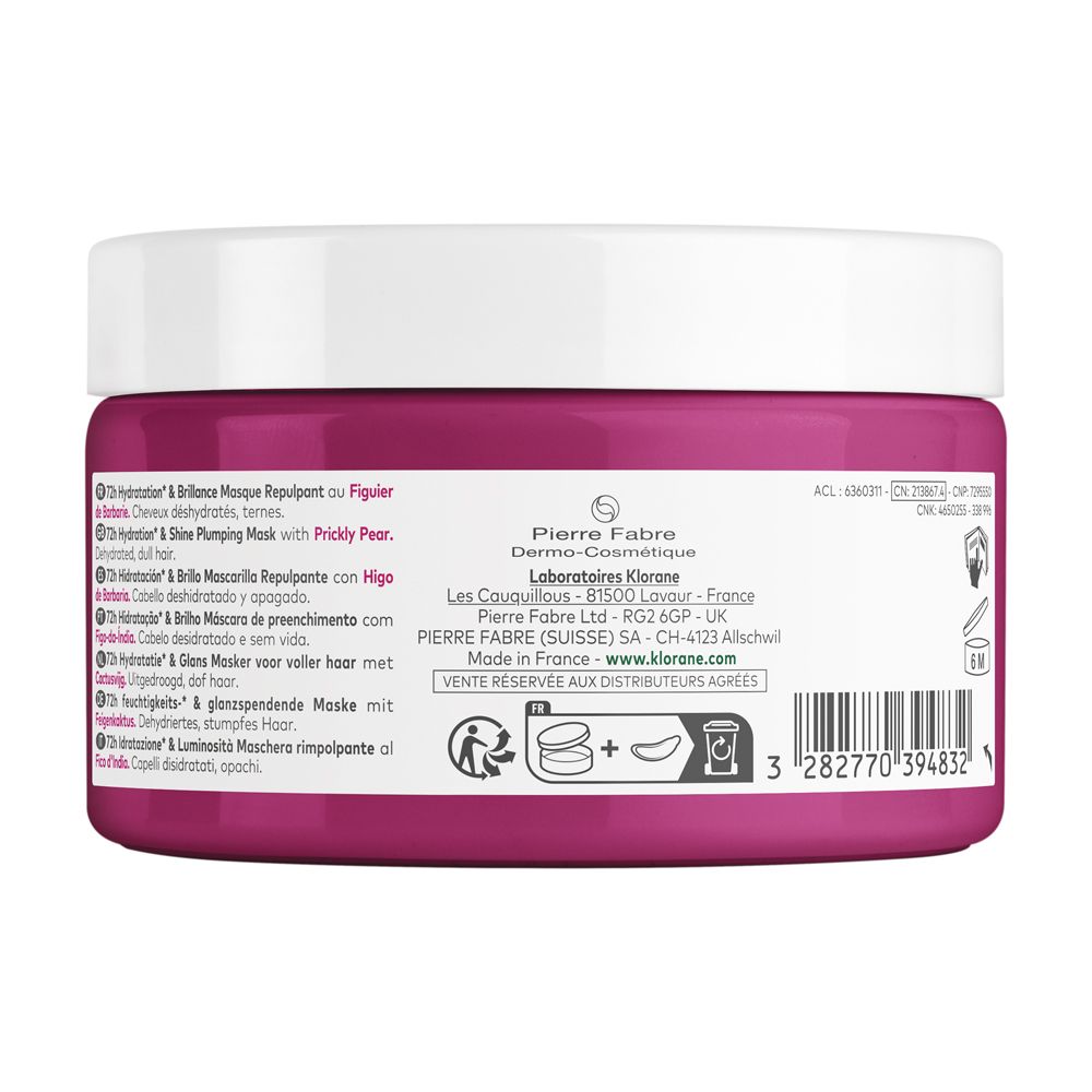Barattolo rotondo con contenuto rosa e coperchio bianco. Testo: Klorane, 72H Hydratation & Brillance, 250 ml.