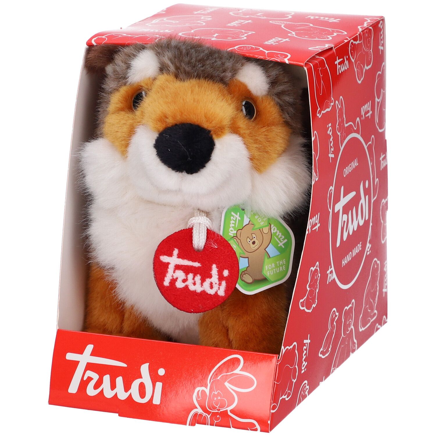 Peluche in scatola. Volpe marrone, pancia bianca, naso nero. Etichetta rossa con logo Trudi.