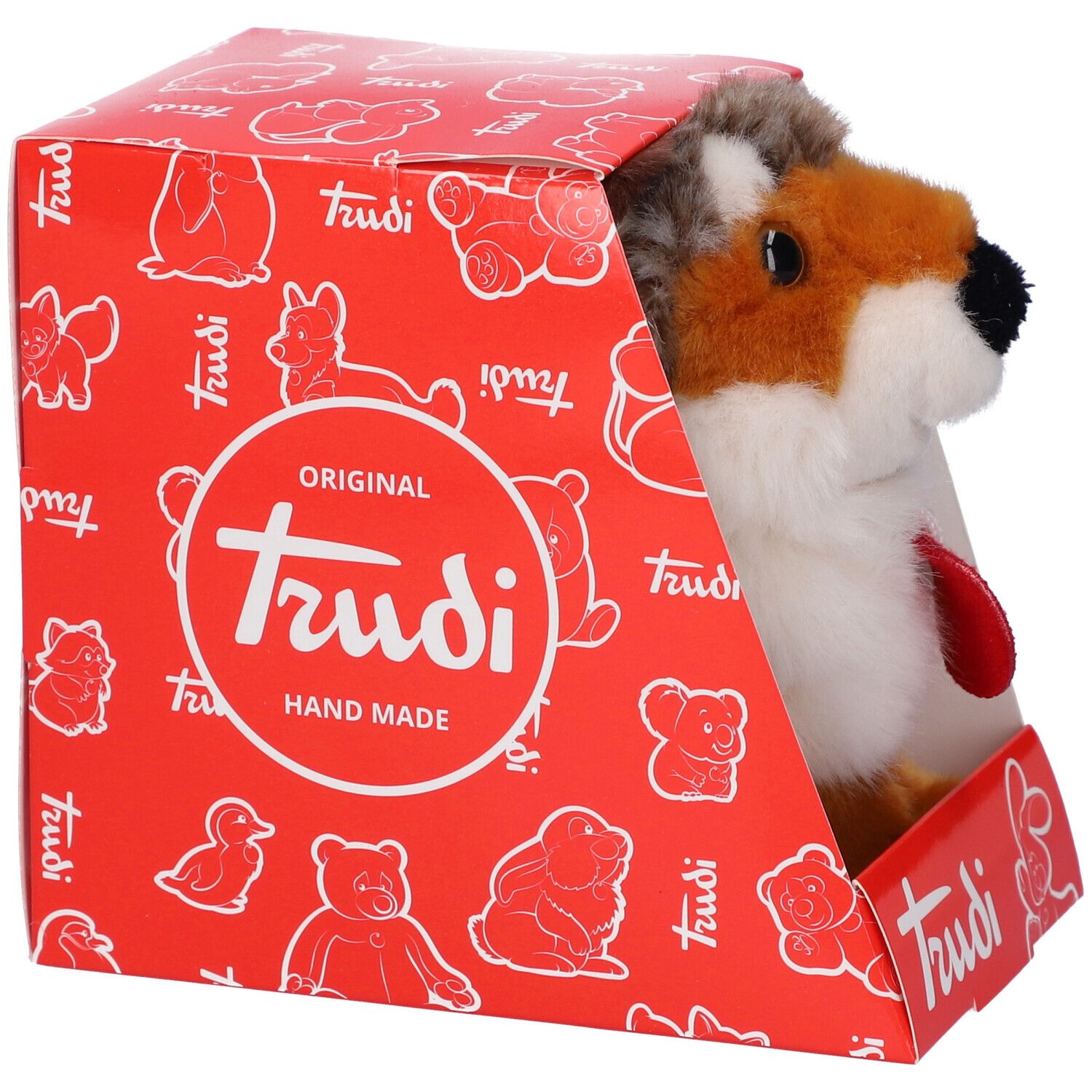 Peluche in scatola rossa. Volpe marrone, pancia bianca, naso nero. Etichetta rossa con logo Trudi.