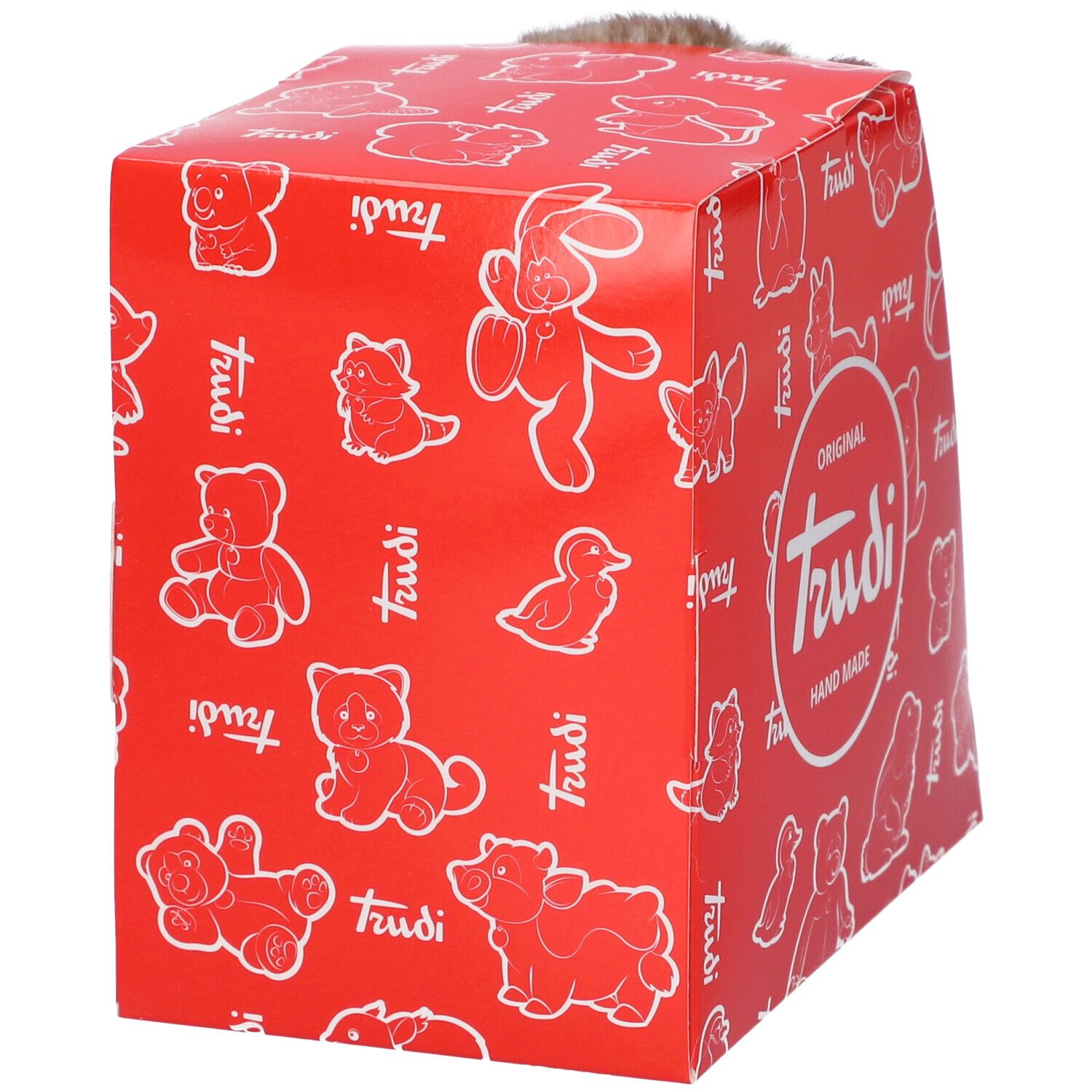 Scatola rossa con logo Trudi bianco e disegni di animali. Scritta 'Original Trudi Hand Made'.