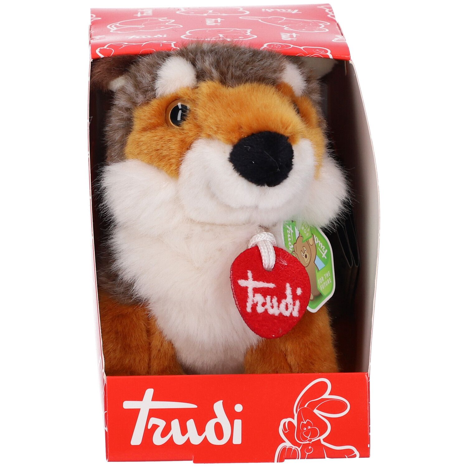 Peluche in scatola. Volpe marrone, pancia bianca, naso nero. Etichetta rossa con logo Trudi.