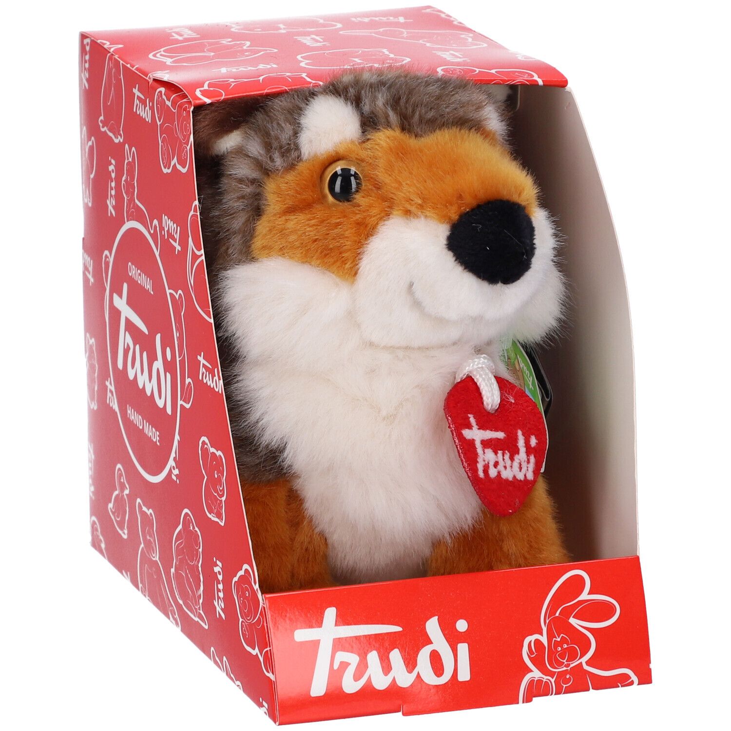 Peluche in scatola. Volpe marrone, pancia bianca, naso nero. Etichetta rossa con logo Trudi.