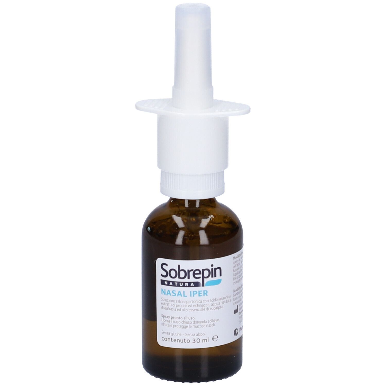 Flacone in vetro marrone con erogatore bianco. Marca Sobrepin Natura, Nasal Iper. Contenuto 30 ml.