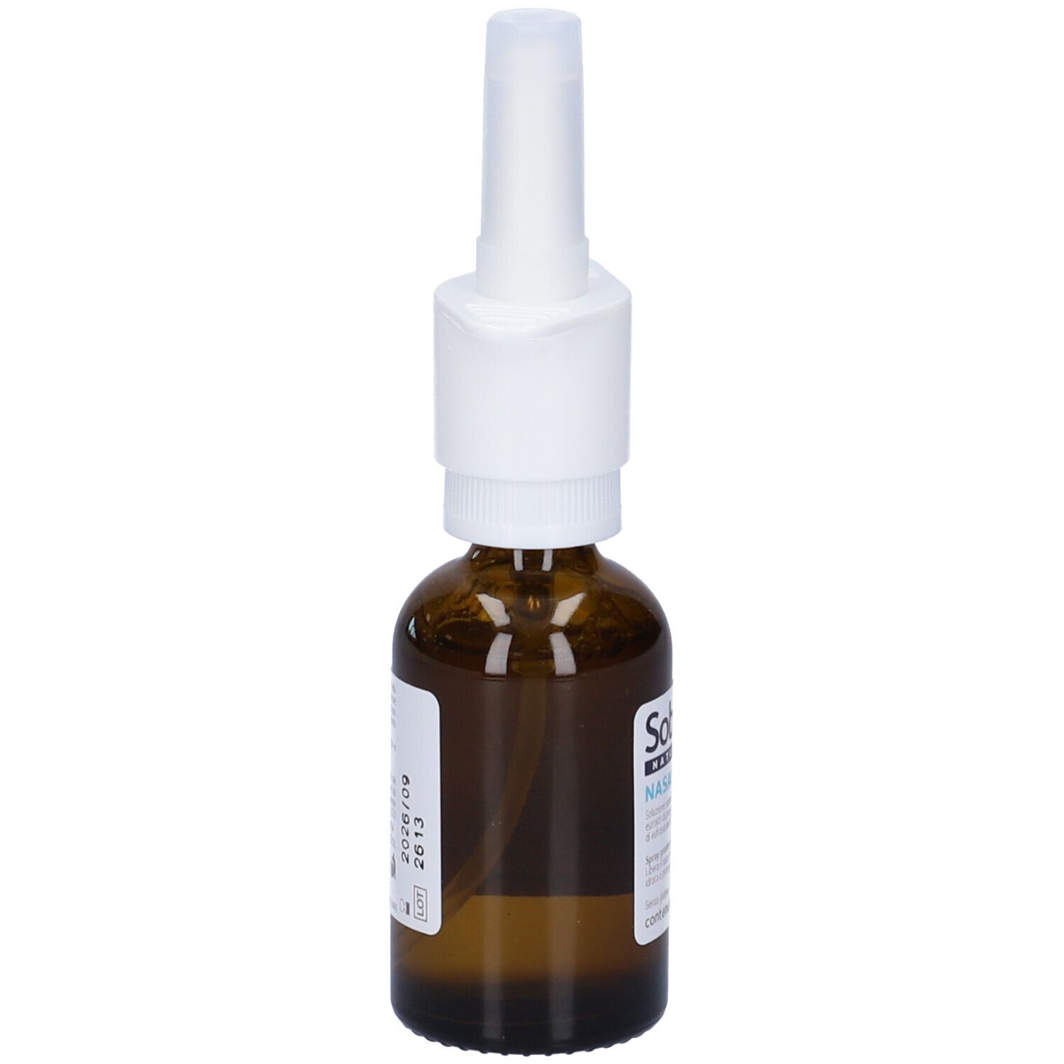 Flacone in vetro marrone con erogatore bianco. Marca Sobrepin Natura, Nasal Iper. Contenuto 30 ml.