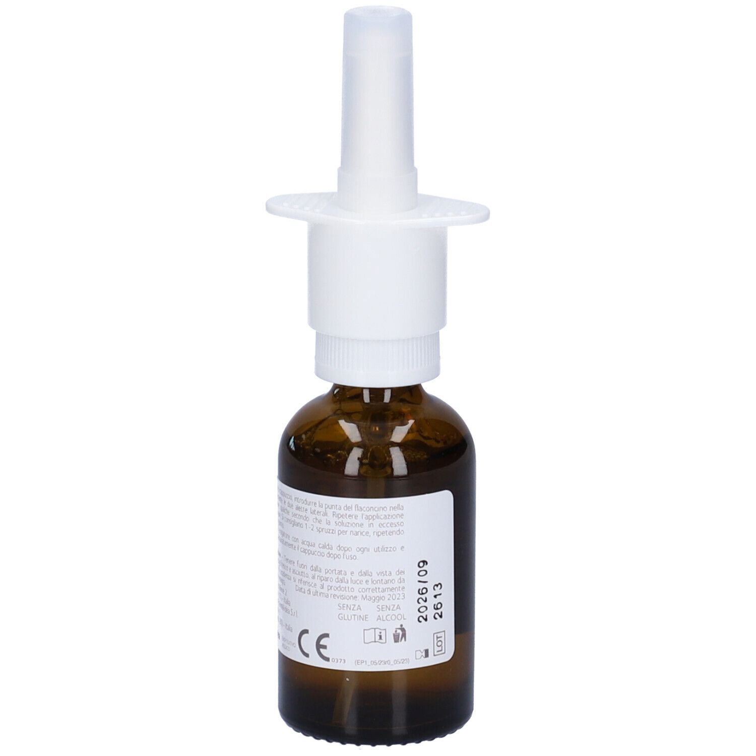 Flacone in vetro marrone con erogatore bianco. Marca Sobrepin Natura, Nasal Iper. Contenuto 30 ml.