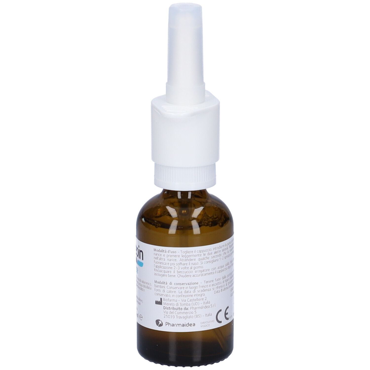 Flacone in vetro marrone con erogatore bianco. Marca Sobrepin Natura, Nasal Iper. Contenuto 30 ml.