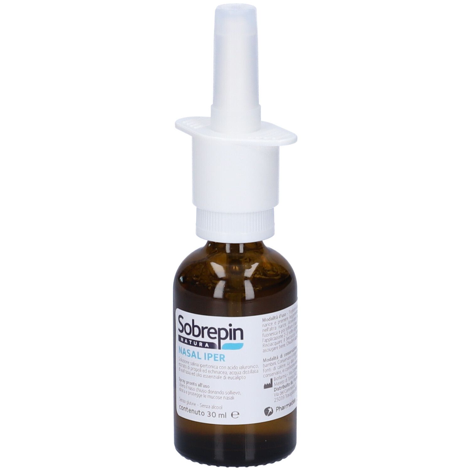 Flacone in vetro marrone con erogatore bianco. Marca Sobrepin Natura, Nasal Iper. Contenuto 30 ml.