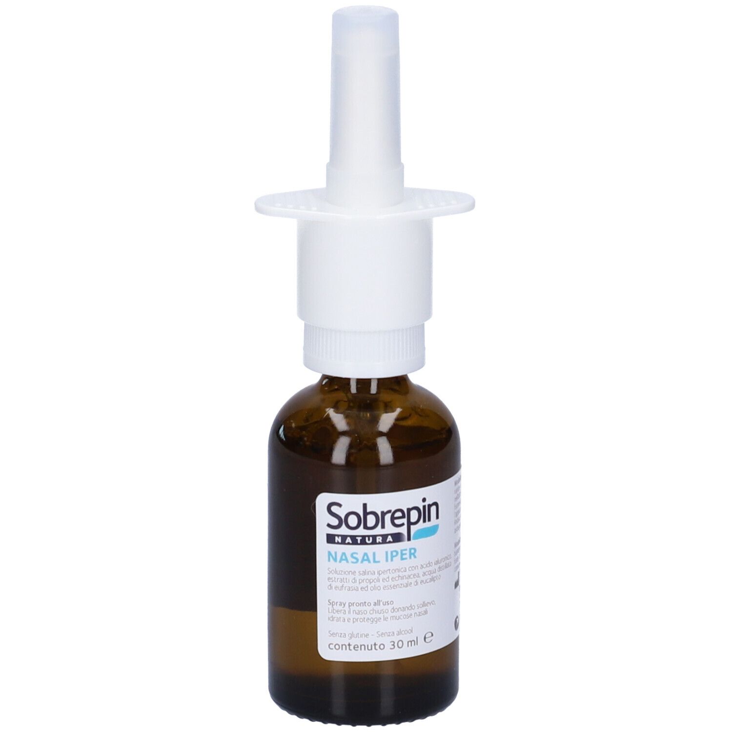 Flacone in vetro marrone con erogatore bianco. Marca Sobrepin Natura, Nasal Iper. Contenuto 30 ml.