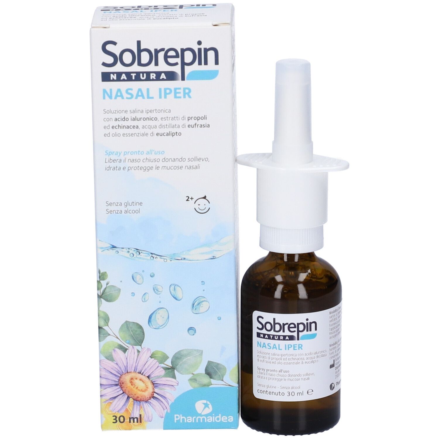 Confezione e flacone spray nasale. Marca Sobrepin Natura, Nasal Iper. 30 ml.