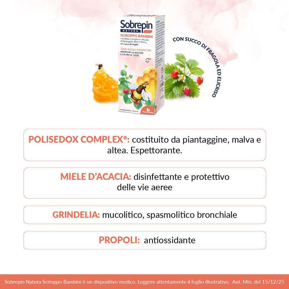 Produktverpackung von Sobrepin Natura Sciroppo Bambini. Auflistung der Inhaltsstoffe: Polisedox Complex, Honig, Helichrysum.