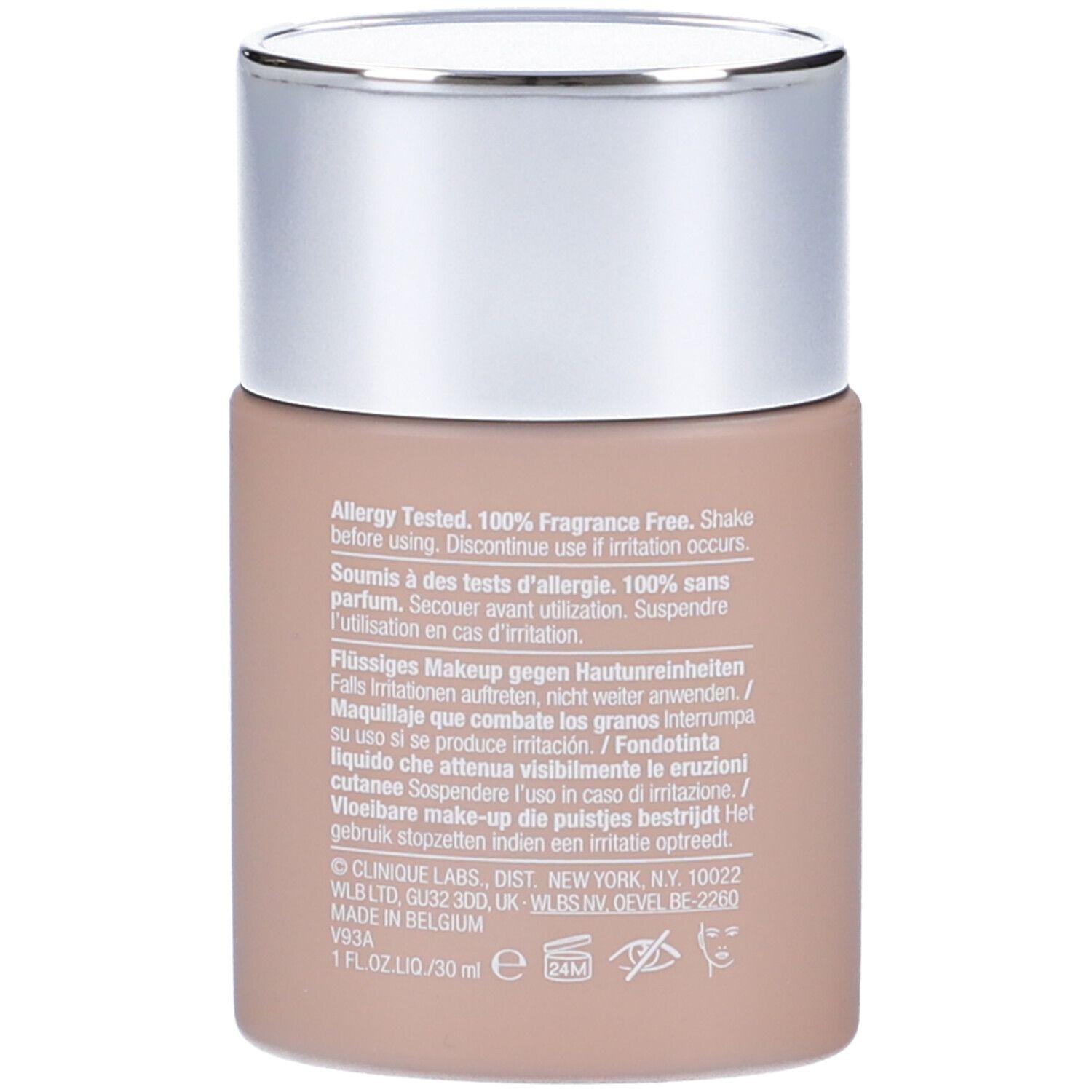 Retro del flacone di trucco. Testo: Allergy Tested, 100% Fragrance Free. Ingredienti e avvertenze.