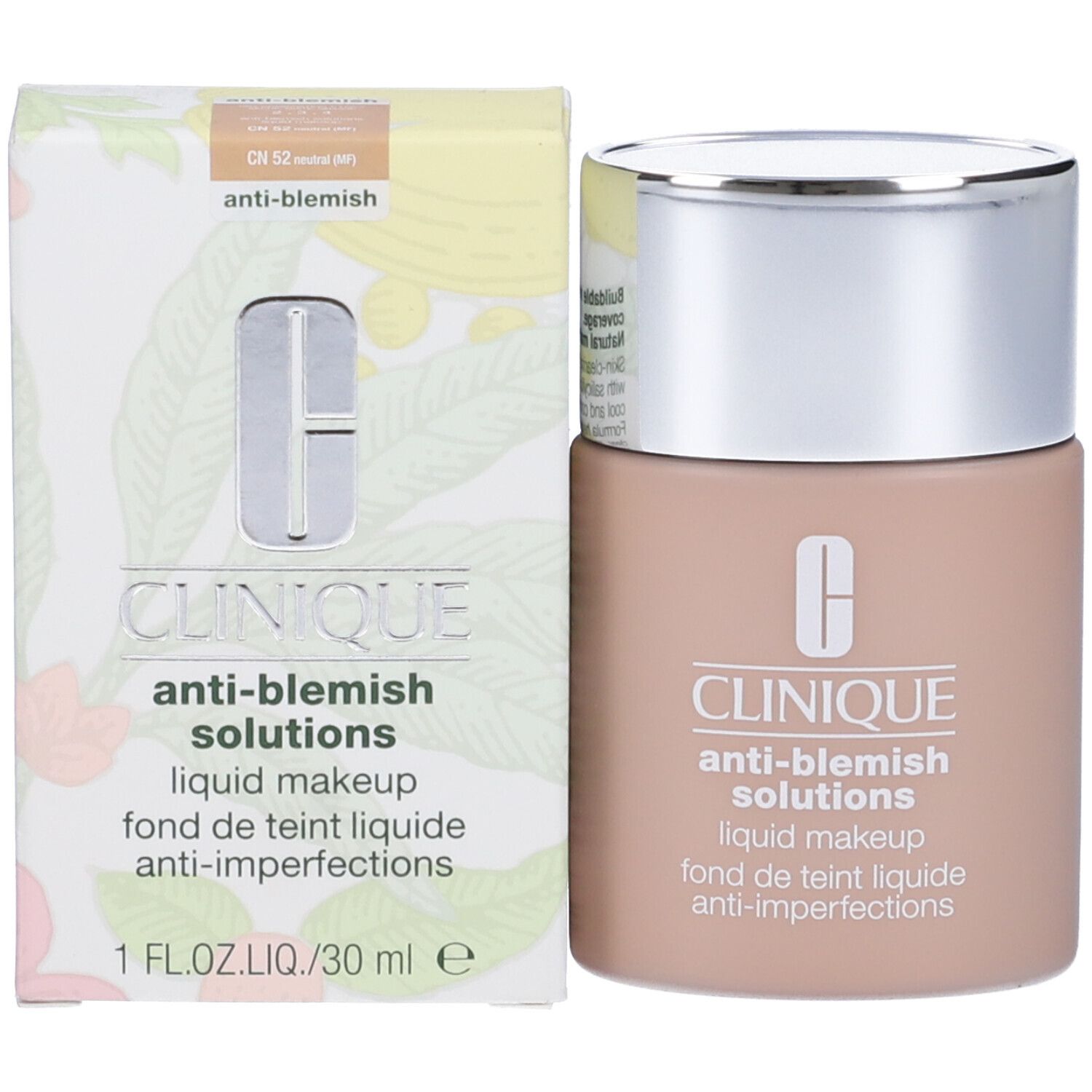 Fondotinta e scatola. Scatola: Clinique Anti-Blemish Solutions. Tonalità CN 52 Neutral.