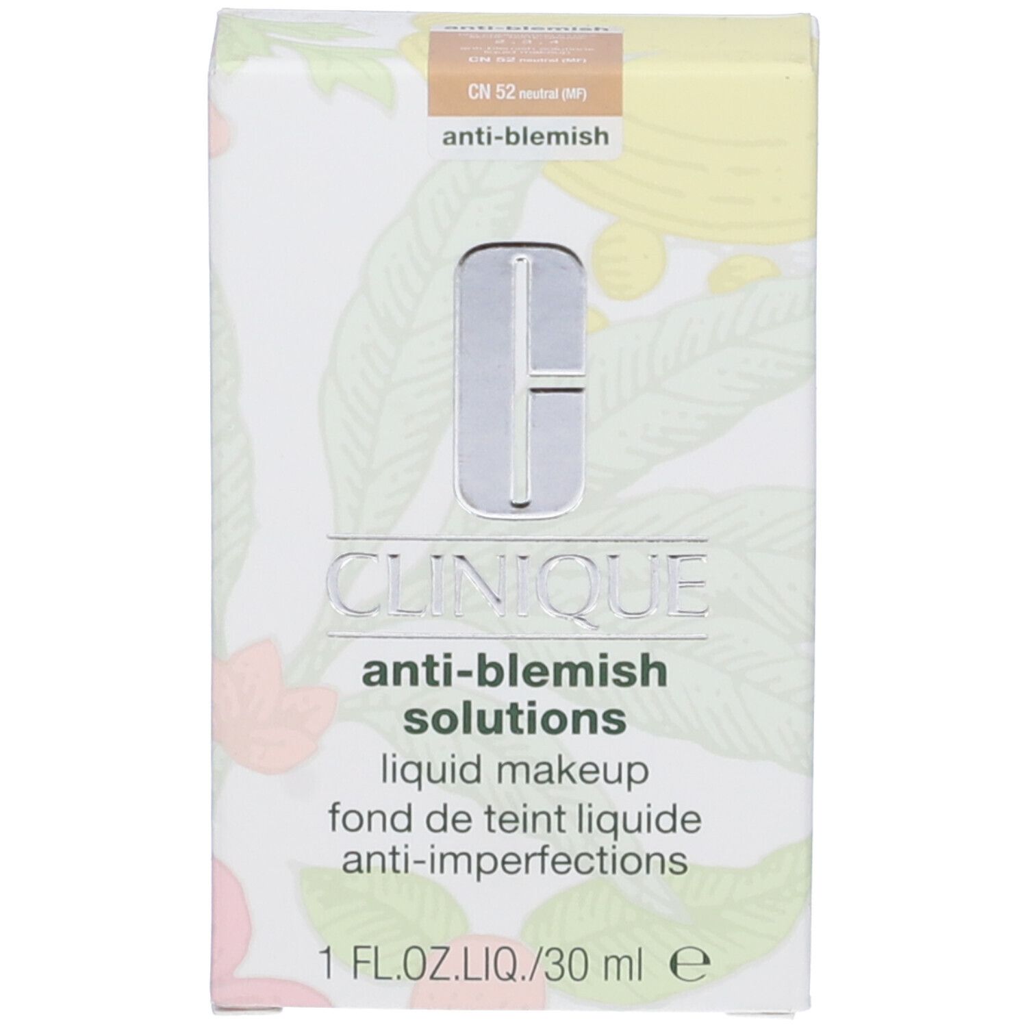 Scatola Clinique Anti-Blemish Solutions. Tonalità CN 52 Neutral. Scritta: liquid makeup.