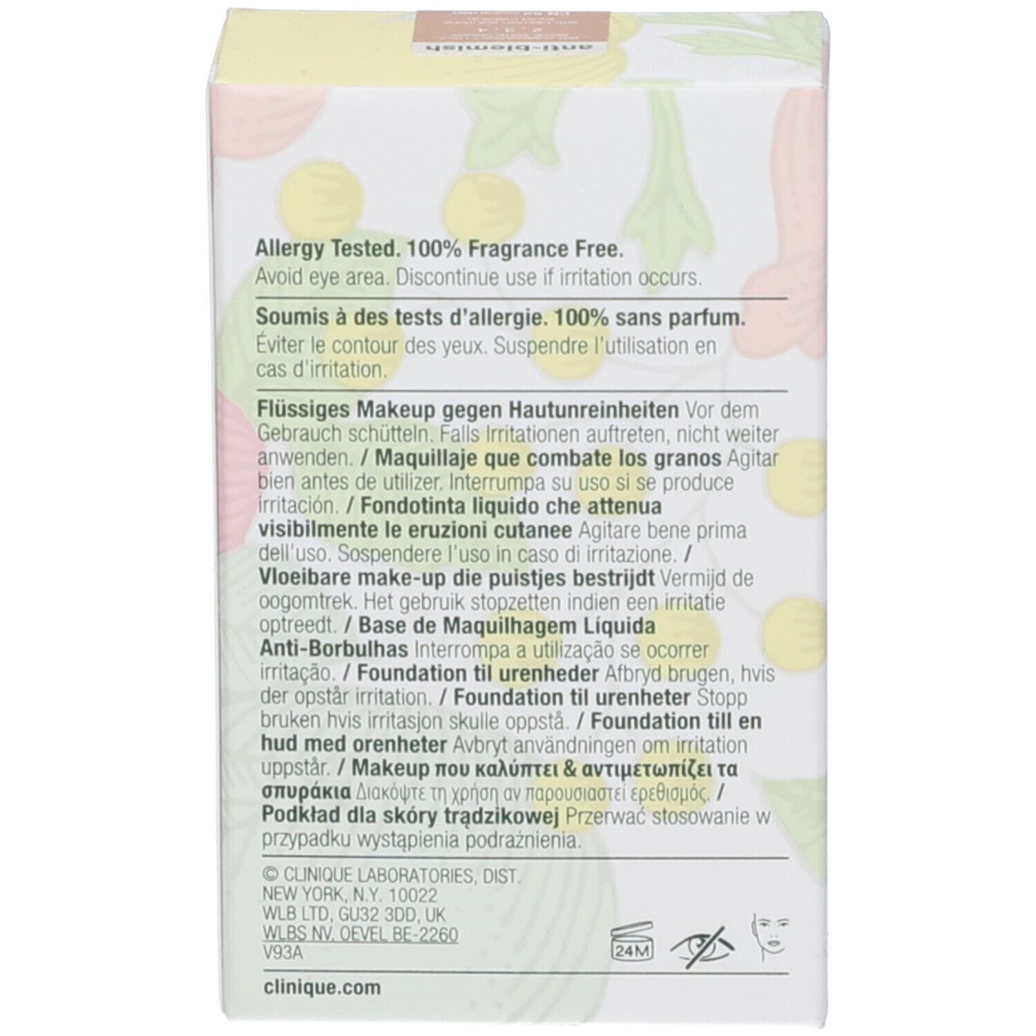Lato della scatola con avvertenze e istruzioni per l'uso. Testo in più lingue.