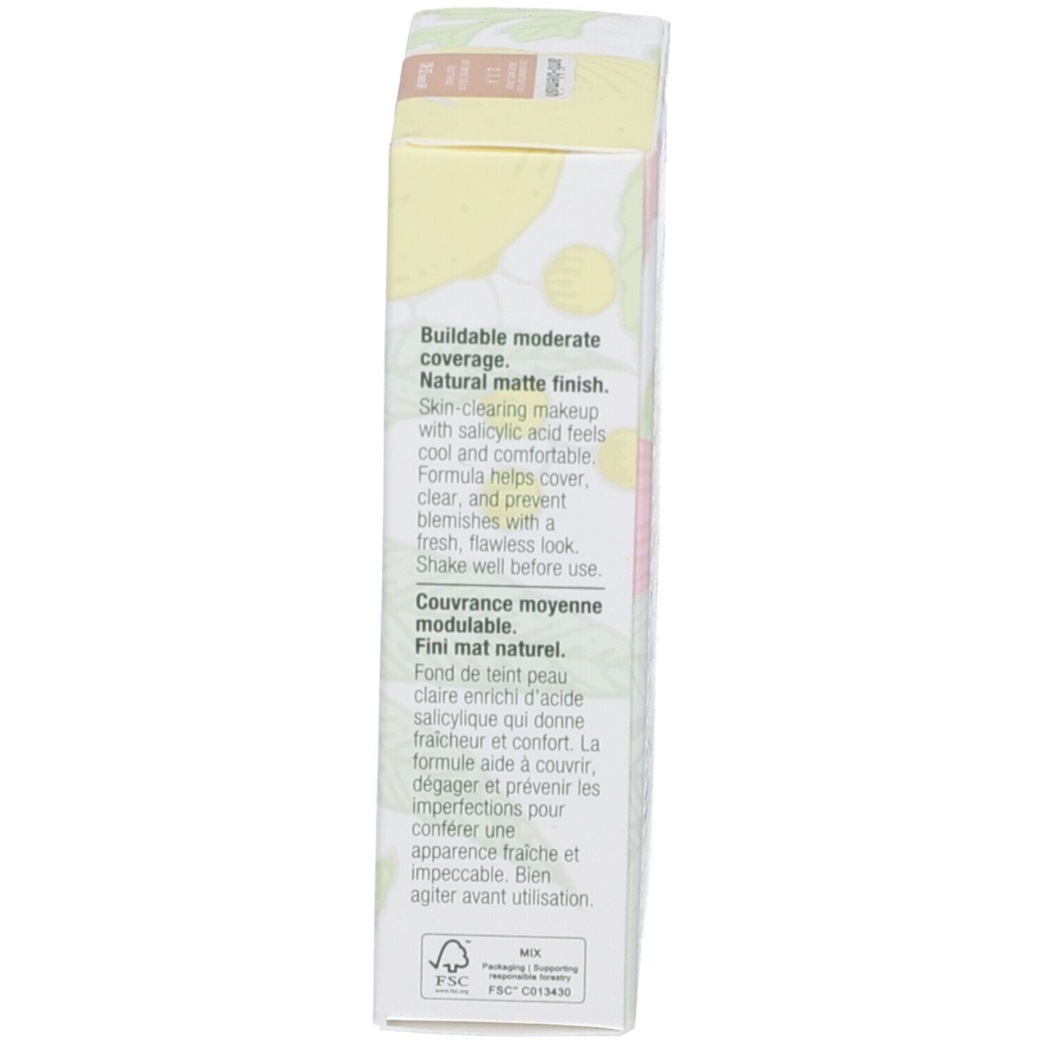 Lato della scatola con descrizione del prodotto. Testo: Buildable moderate coverage. Fini mat naturel.