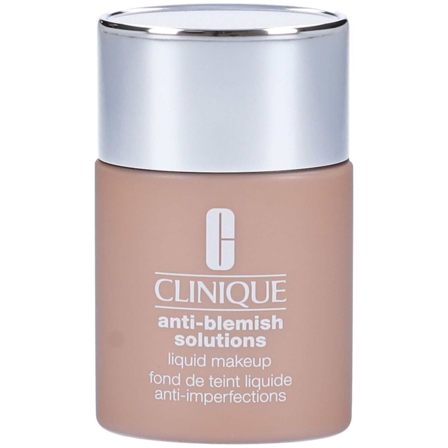 Flacone beige Clinique Anti-Blemish Solutions con tappo argentato. Logo e nome del prodotto in bianco.