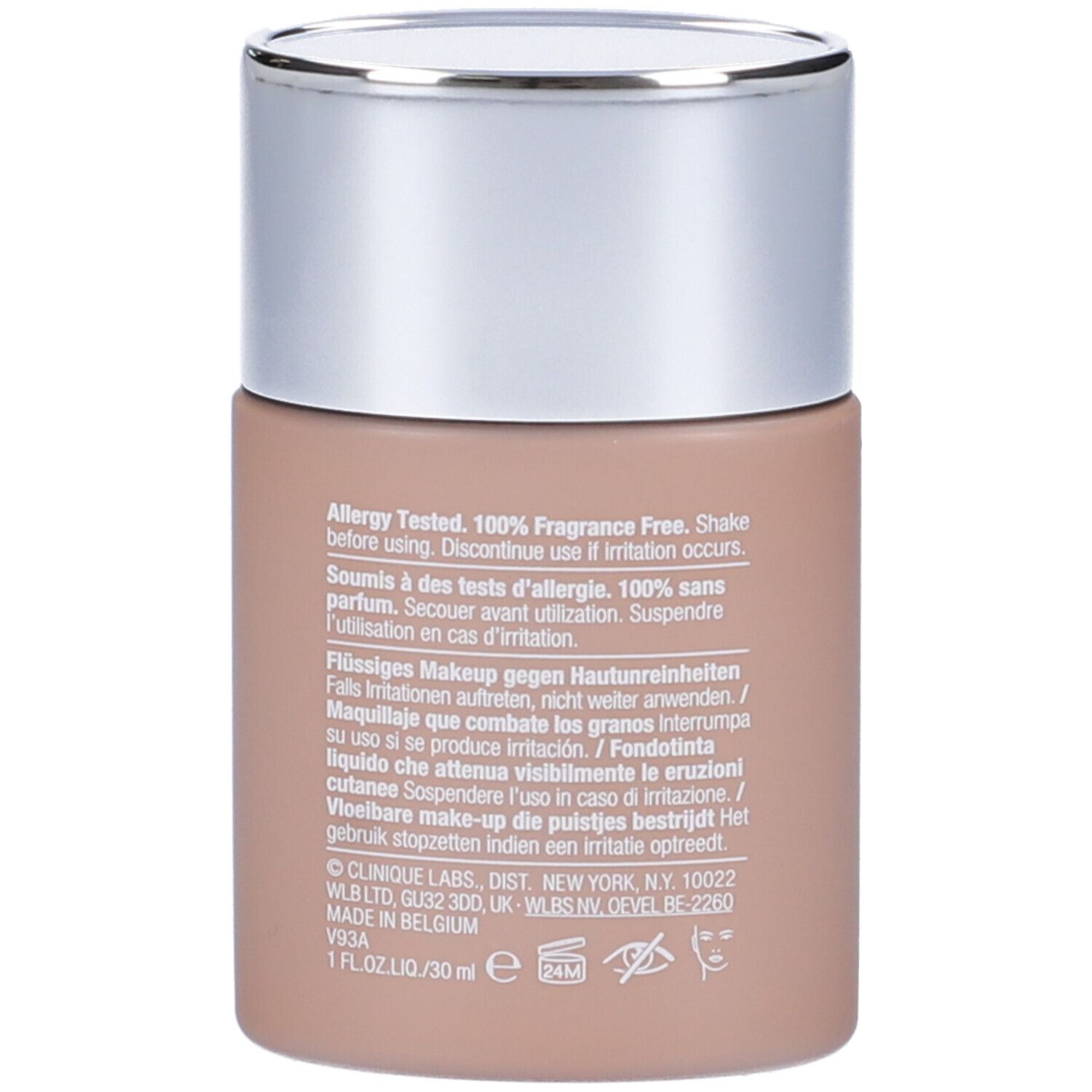 Retro del flacone Clinique Anti-Blemish Solutions. Testo con ingredienti e informazioni del produttore.
