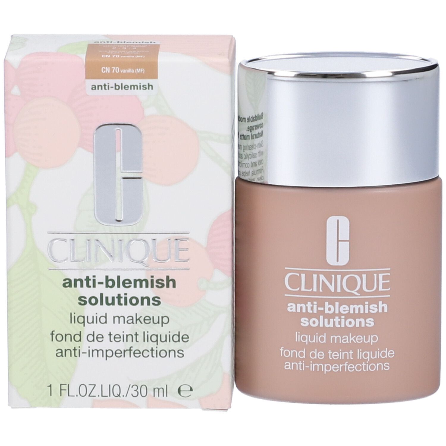 Clinique Anti-Blemish Solutions Makeup e confezione. Flacone beige accanto a scatola con motivo ciliegie.