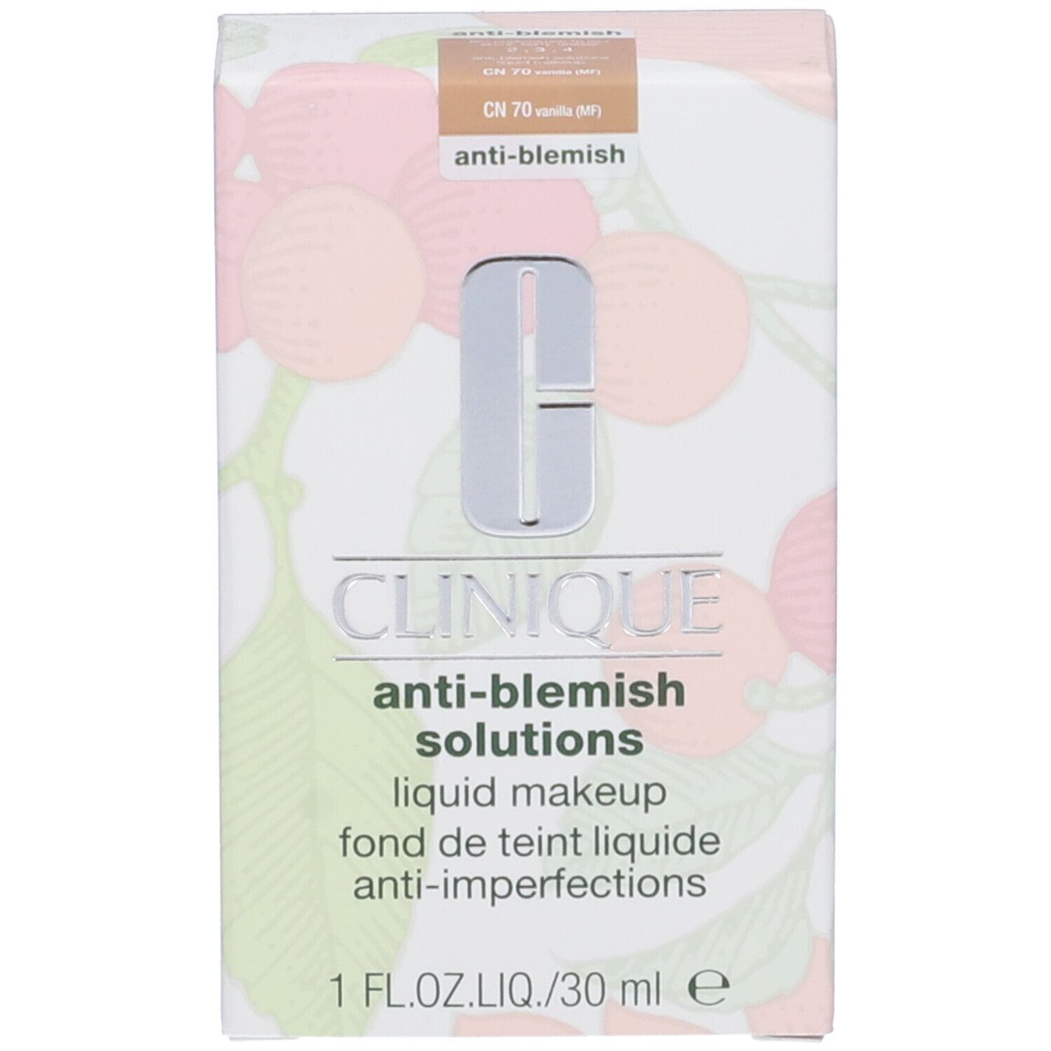 Confezione in cartone per Clinique Anti-Blemish Solutions Makeup. Motivo ciliegie, nome prodotto e tonalità.