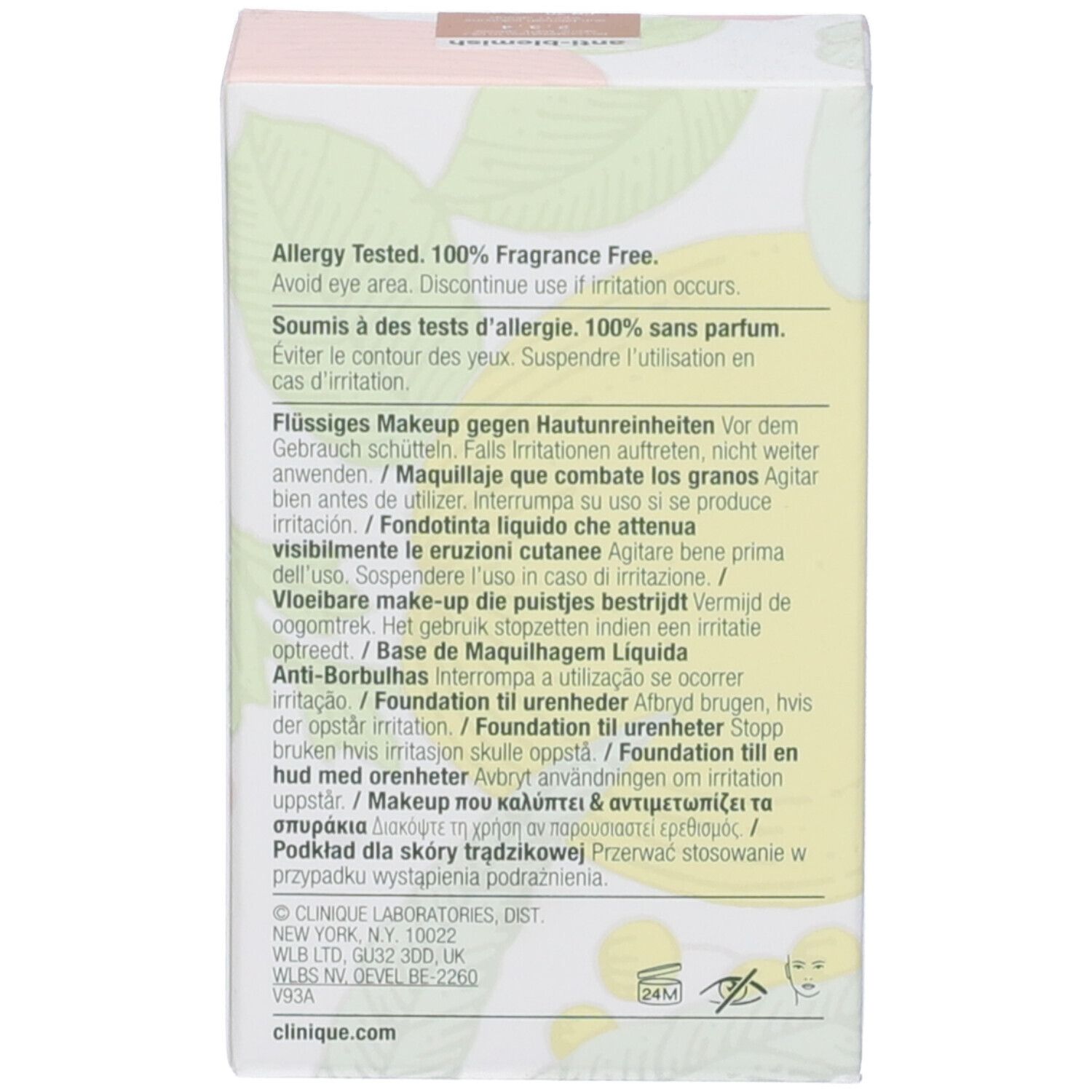 Retro della confezione Clinique Anti-Blemish Solutions. Testo sull'uso e gli ingredienti.