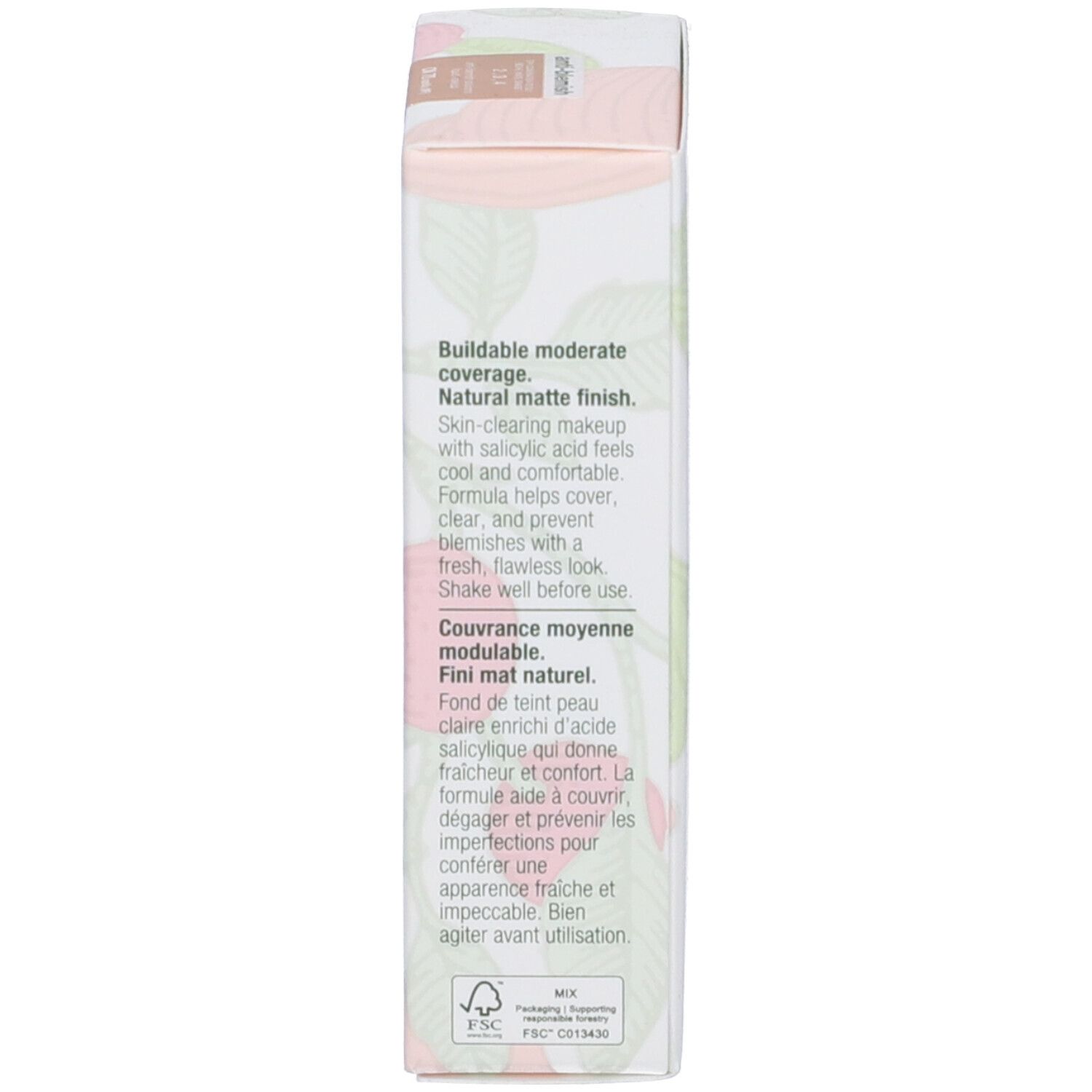 Lato della confezione Clinique Anti-Blemish Solutions. Descrizione della coprenza e degli ingredienti.