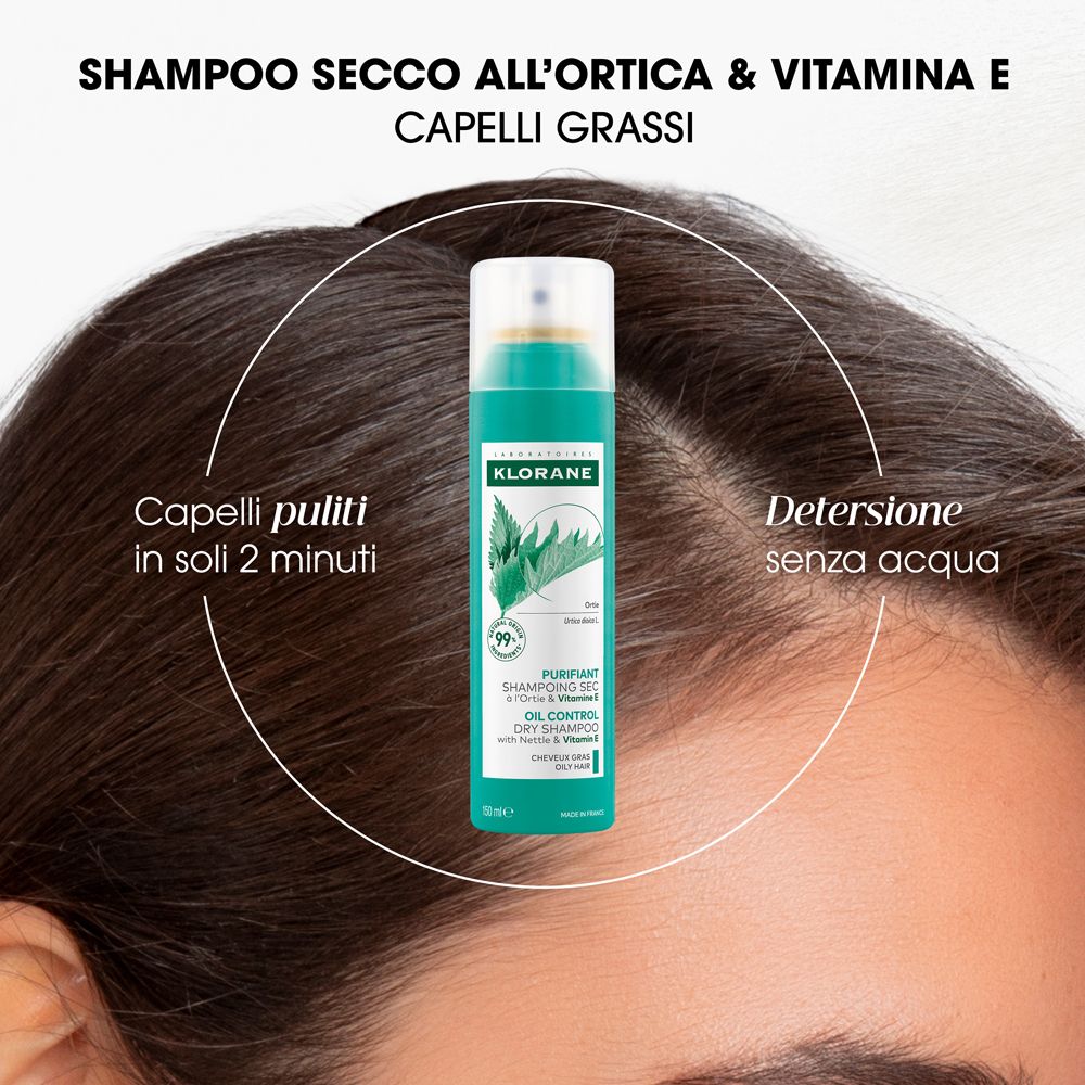 Klorane Trockenshampoo-Dose mit Brennnessel und Vitamin E für fettiges Haar.