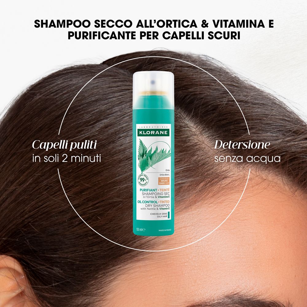 Klorane Trockenshampoo mit Brennnessel und Vitamin E für dunkles Haar.