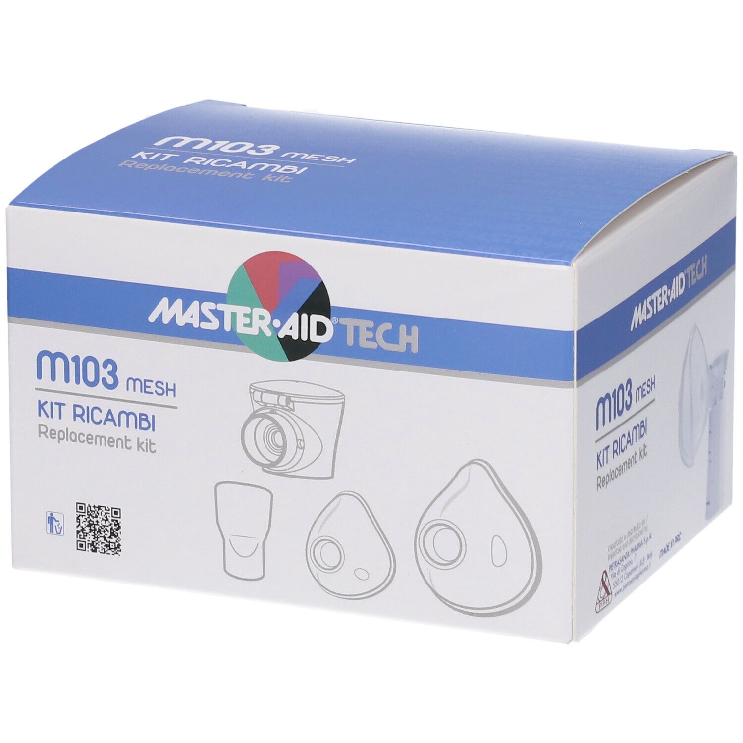 Kit ricambi per aerosol Mesh. Include maschere, boccaglio e nebulizzatore. Confezione con logo e nome del prodotto.