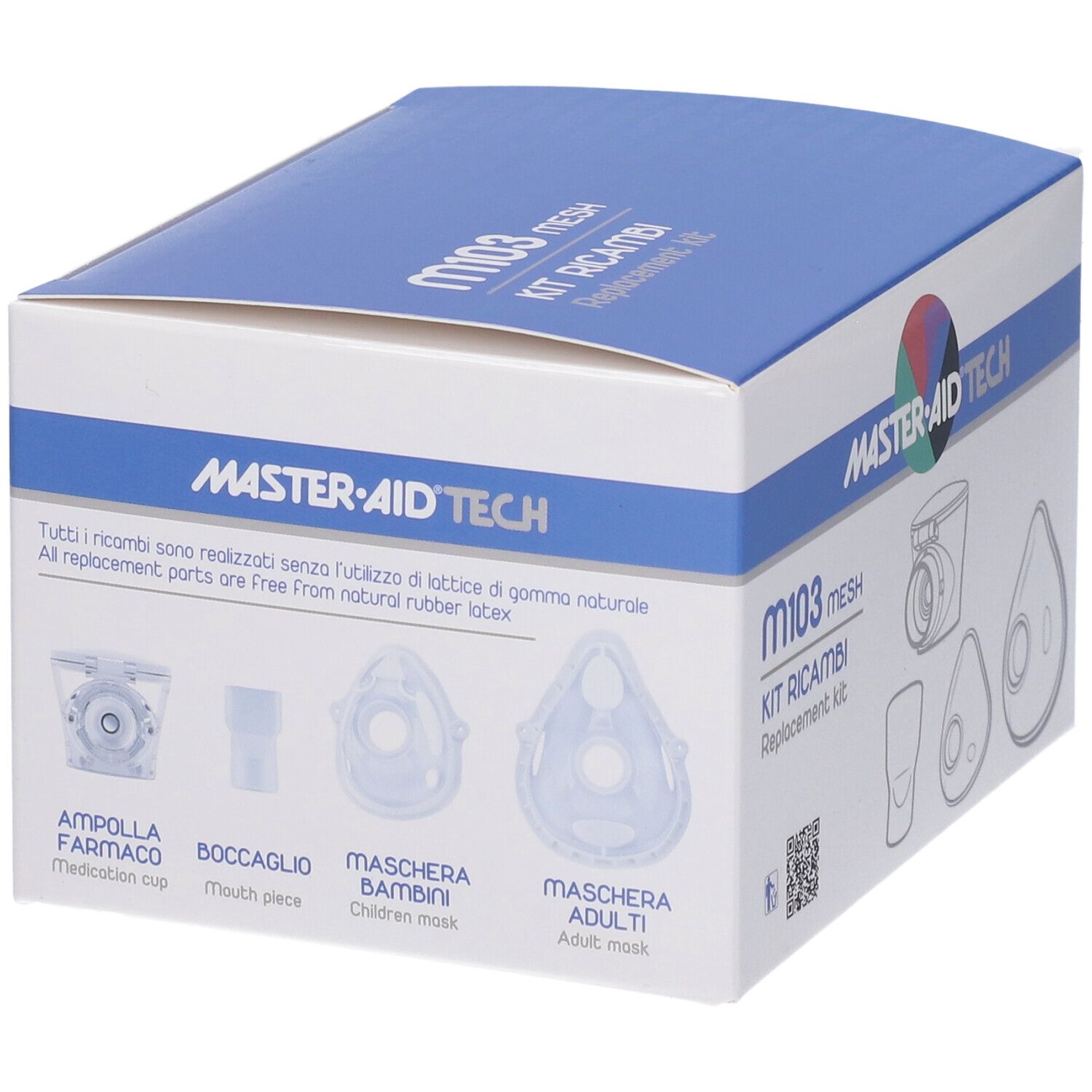 Kit ricambi per aerosol Mesh. Include maschere, boccaglio e nebulizzatore. Confezione con nome e componenti.