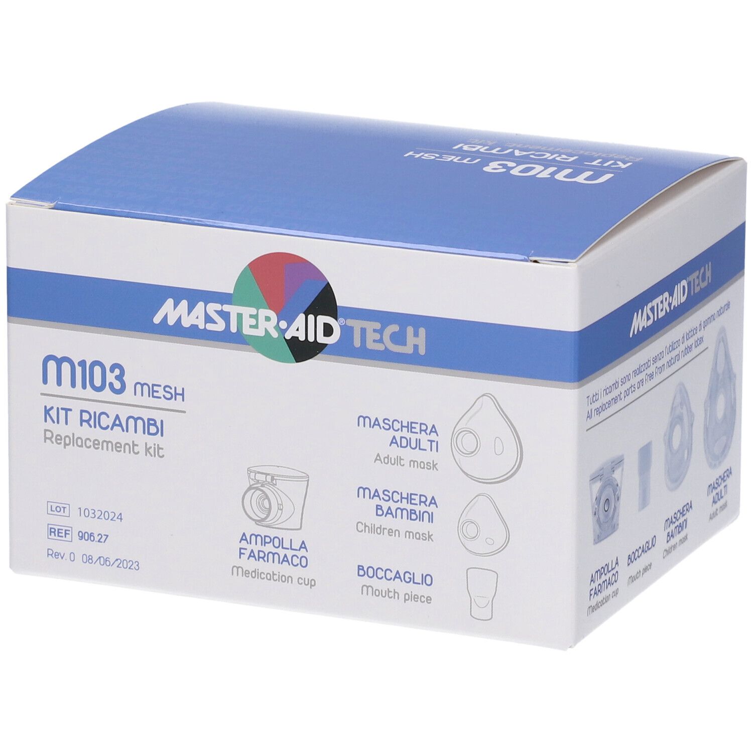 Kit ricambi per aerosol Mesh. Include maschere, boccaglio e nebulizzatore. Confezione con nome e componenti.