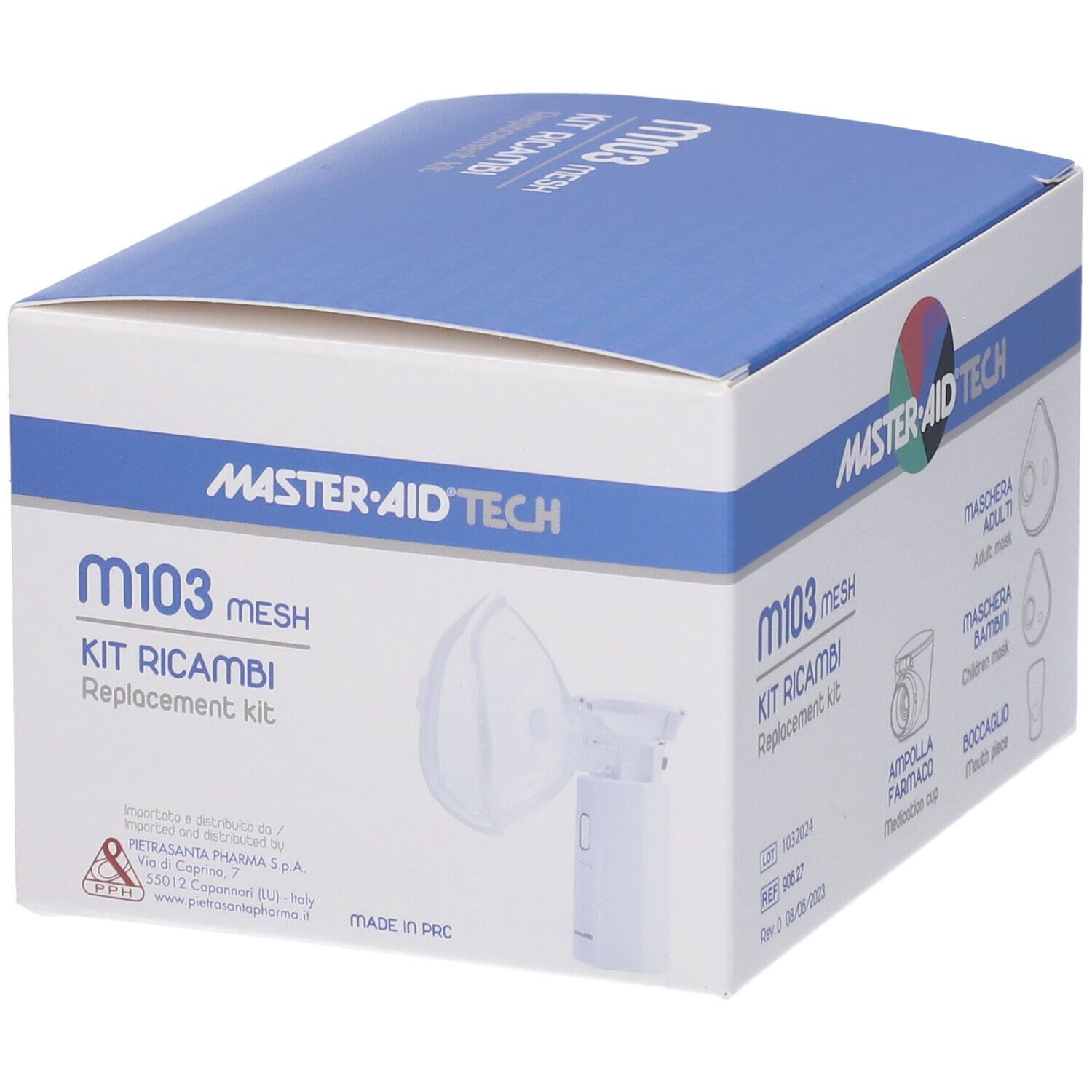 Kit ricambi per aerosol Mesh. Include maschere, boccaglio e nebulizzatore. Confezione con nome e componenti.