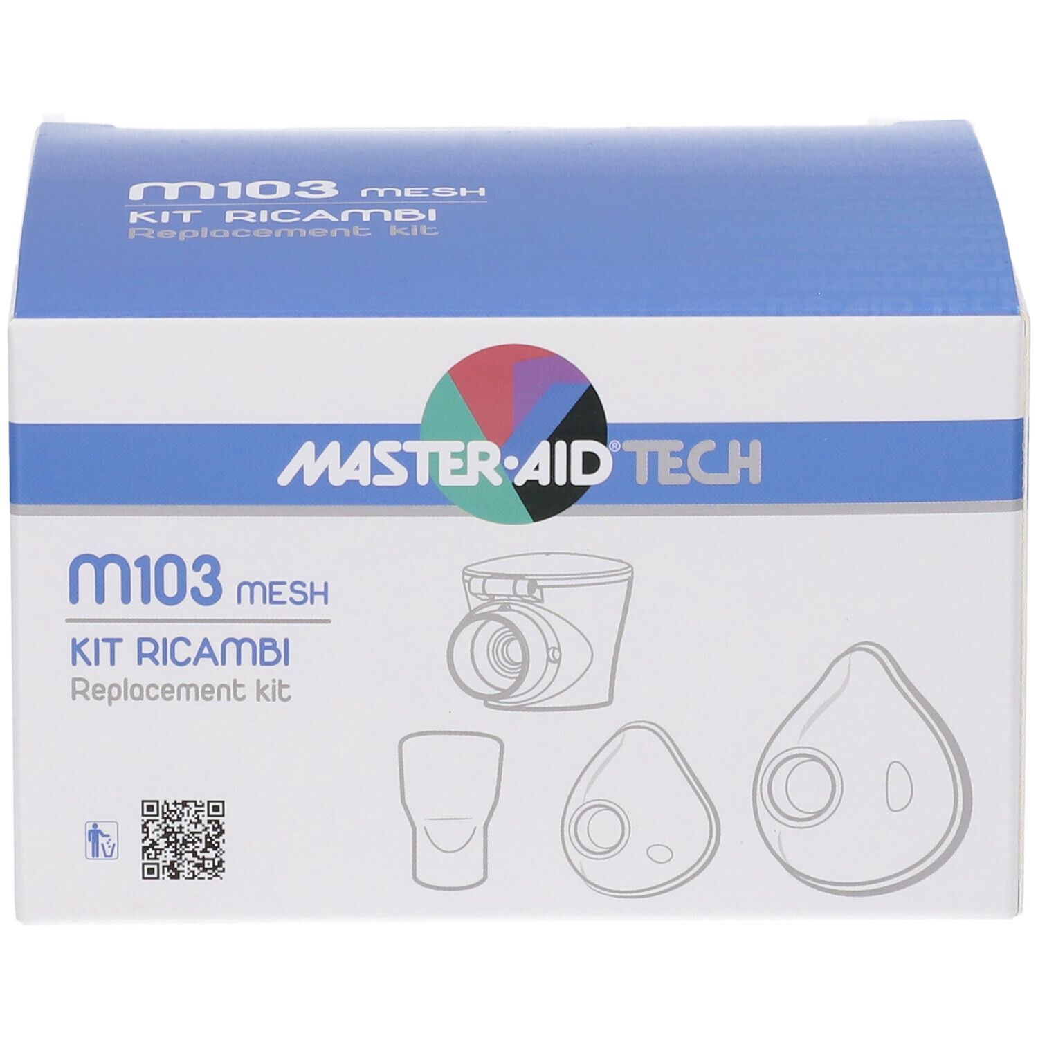Kit ricambi per aerosol Mesh. Include maschere, boccaglio e nebulizzatore. Confezione con logo e nome del prodotto.