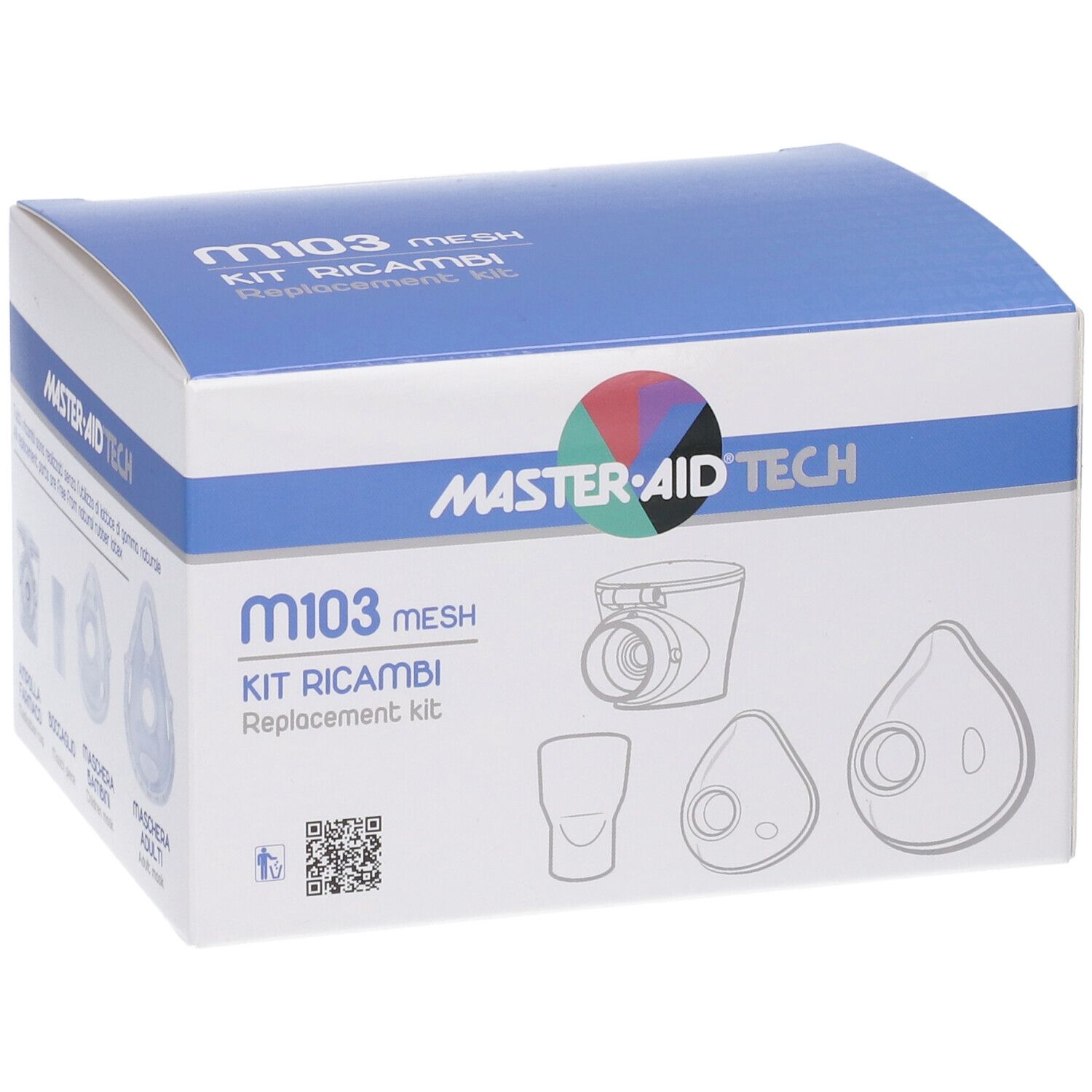 Kit ricambi per aerosol Mesh. Include maschere, boccaglio e nebulizzatore. Confezione con logo e nome del prodotto.