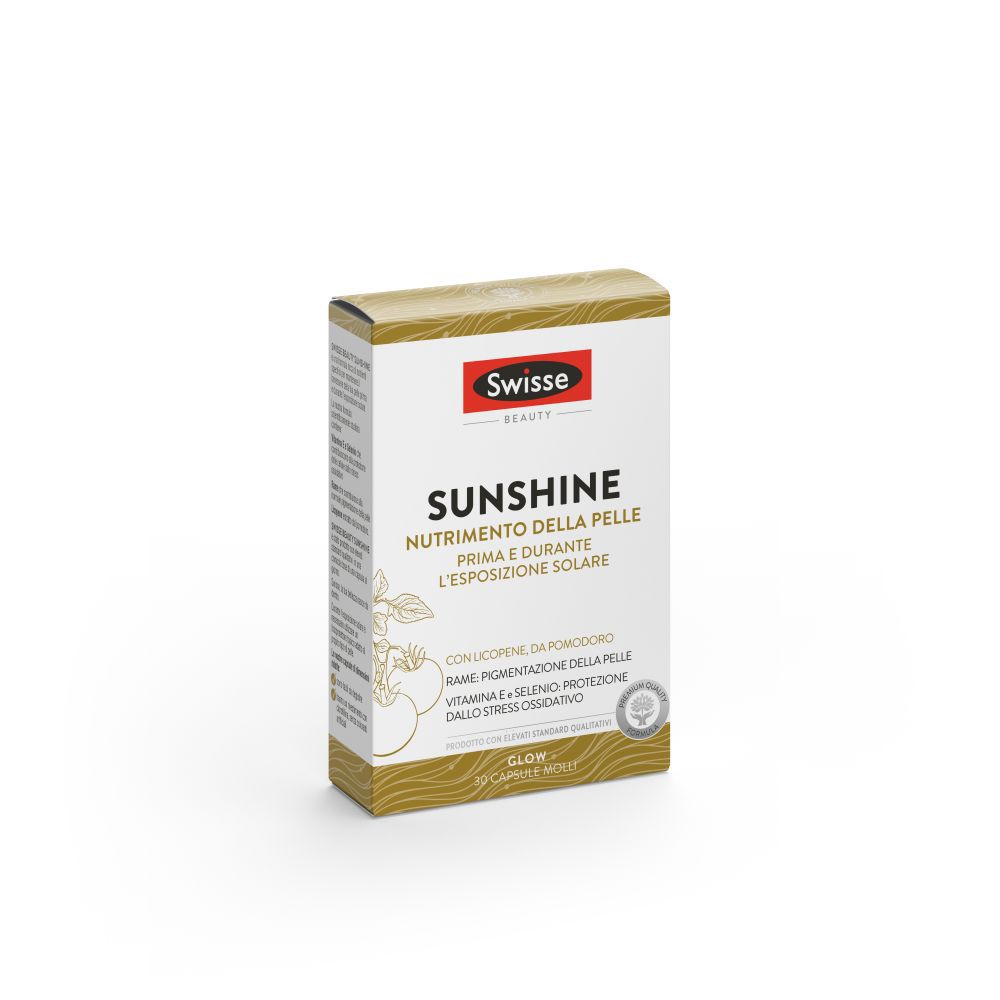 Scatola Swisse Sunshine. Testo: Nutrizione della pelle. Design dorato, logo rosso.