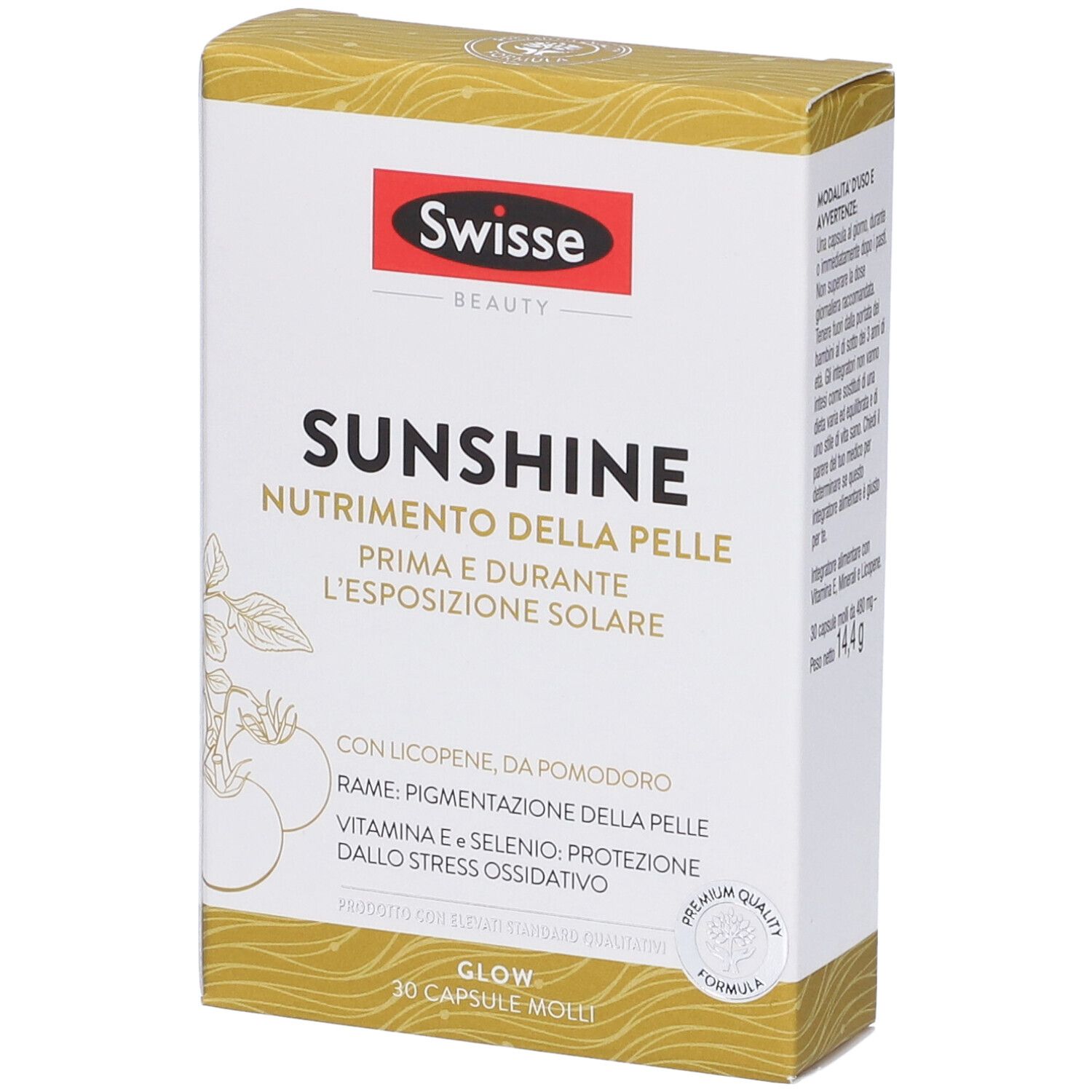 Scatola Swisse Sunshine. Testo: Nutrizione della pelle. Design dorato, logo rosso.
