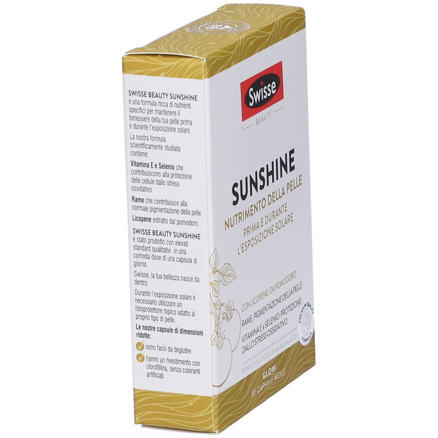 Scatola Swisse Sunshine. Testo: Nutrizione della pelle. Design dorato, logo rosso.