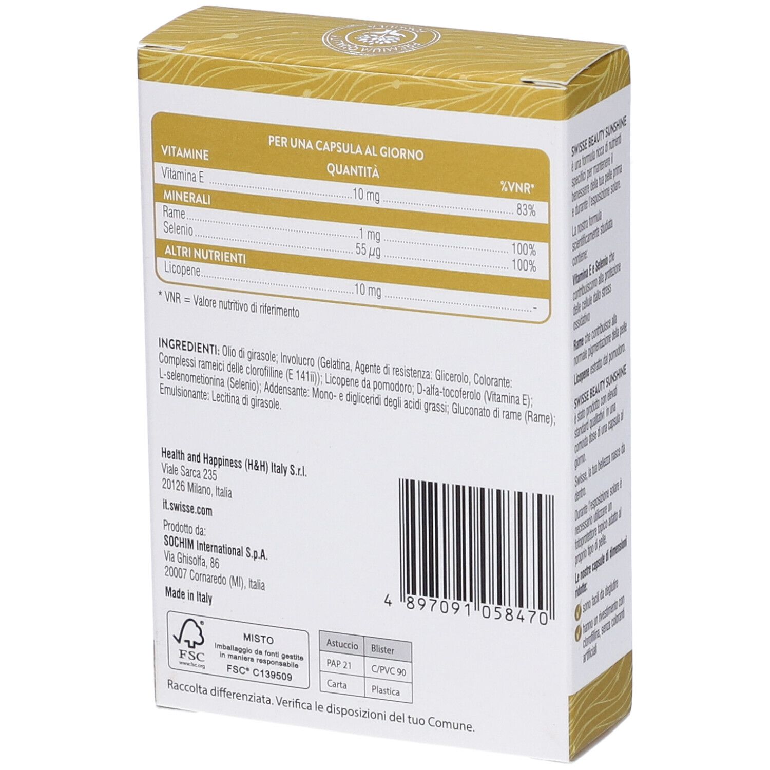 Retro scatola Swisse Sunshine. Testo: ingredienti, informazioni nutrizionali, produttore.