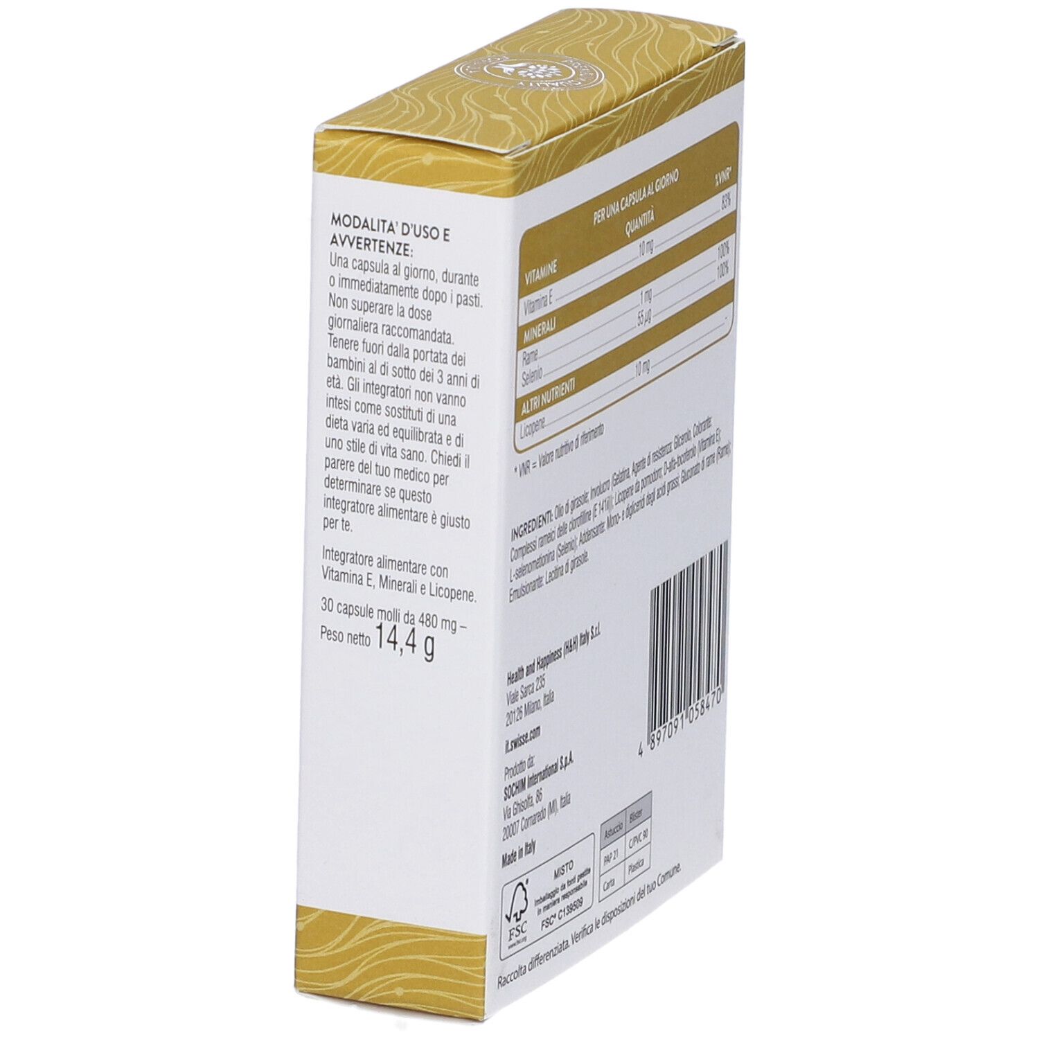 Retro scatola Swisse Sunshine. Testo: istruzioni per l'uso, avvertenze, peso.