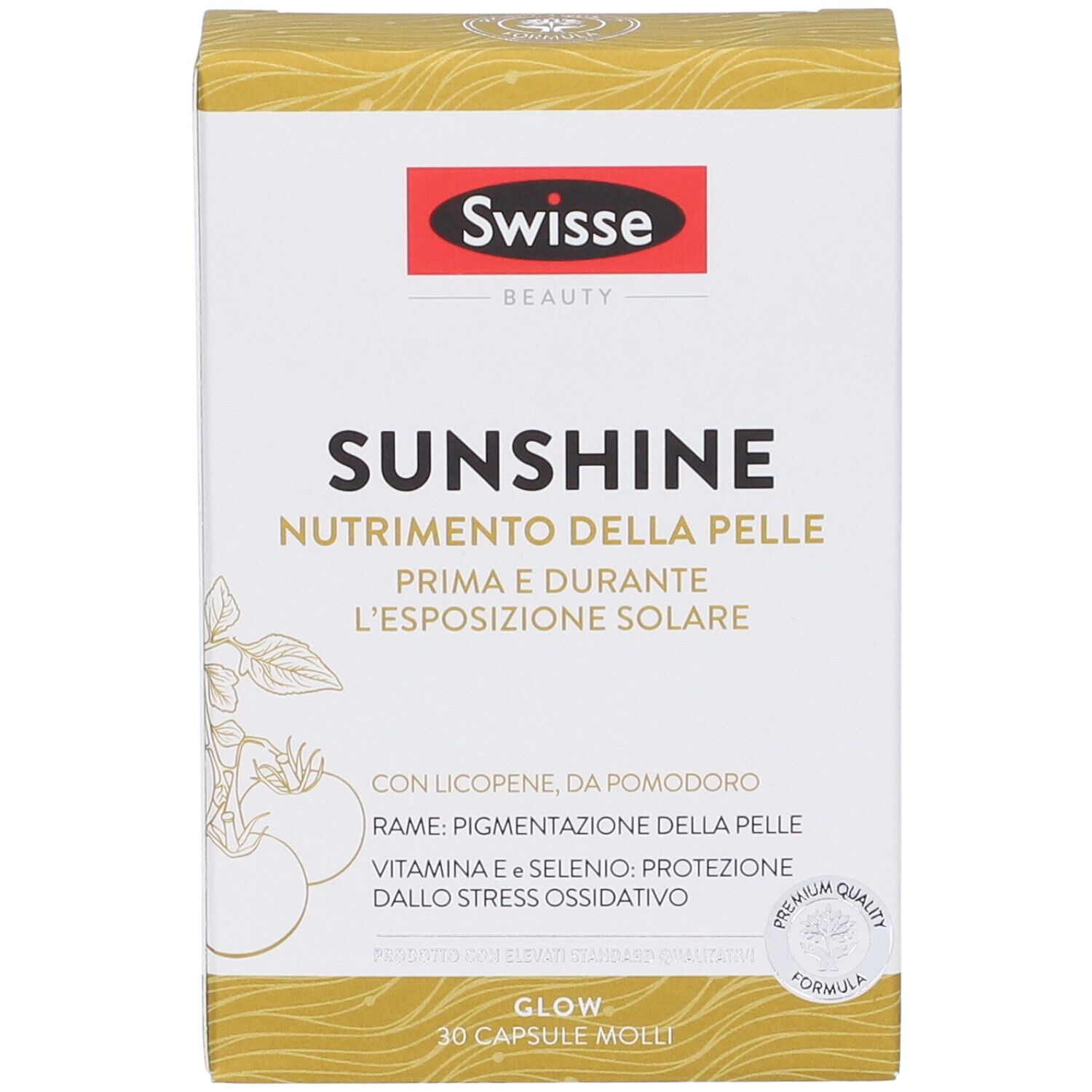 Scatola Swisse Sunshine. Testo: Nutrizione della pelle. Design dorato, logo rosso.