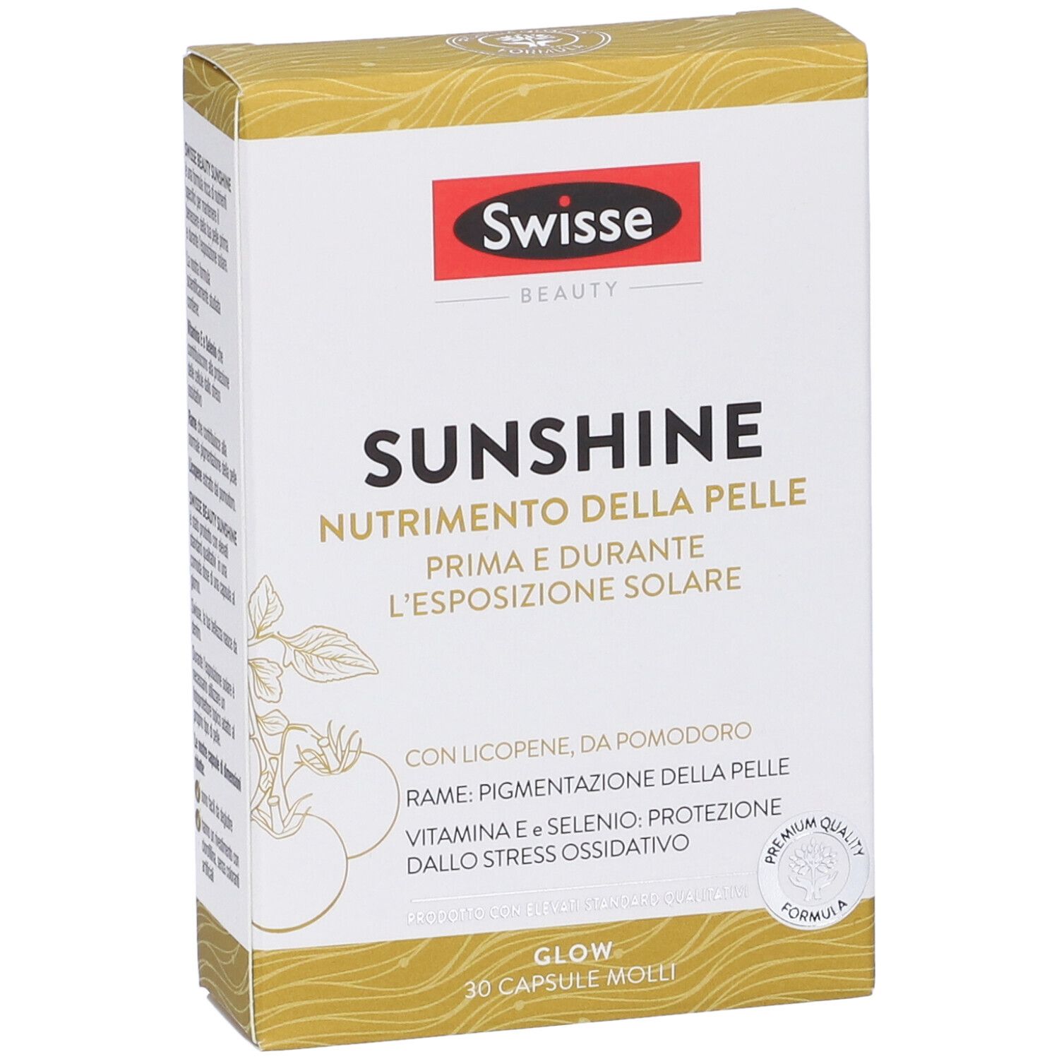 Scatola Swisse Sunshine. Testo: Nutrizione della pelle. Design dorato, logo rosso.