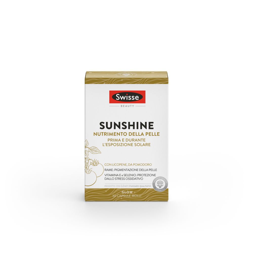 Scatola Swisse Sunshine. Testo: Nutrizione della pelle. Design dorato, logo rosso.