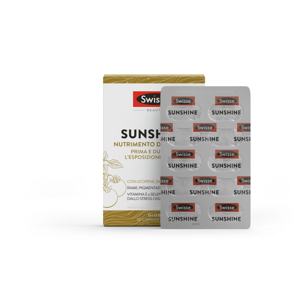 Scatola Swisse Sunshine e blister. Capsule. Testo: Sunshine. Logo rosso.