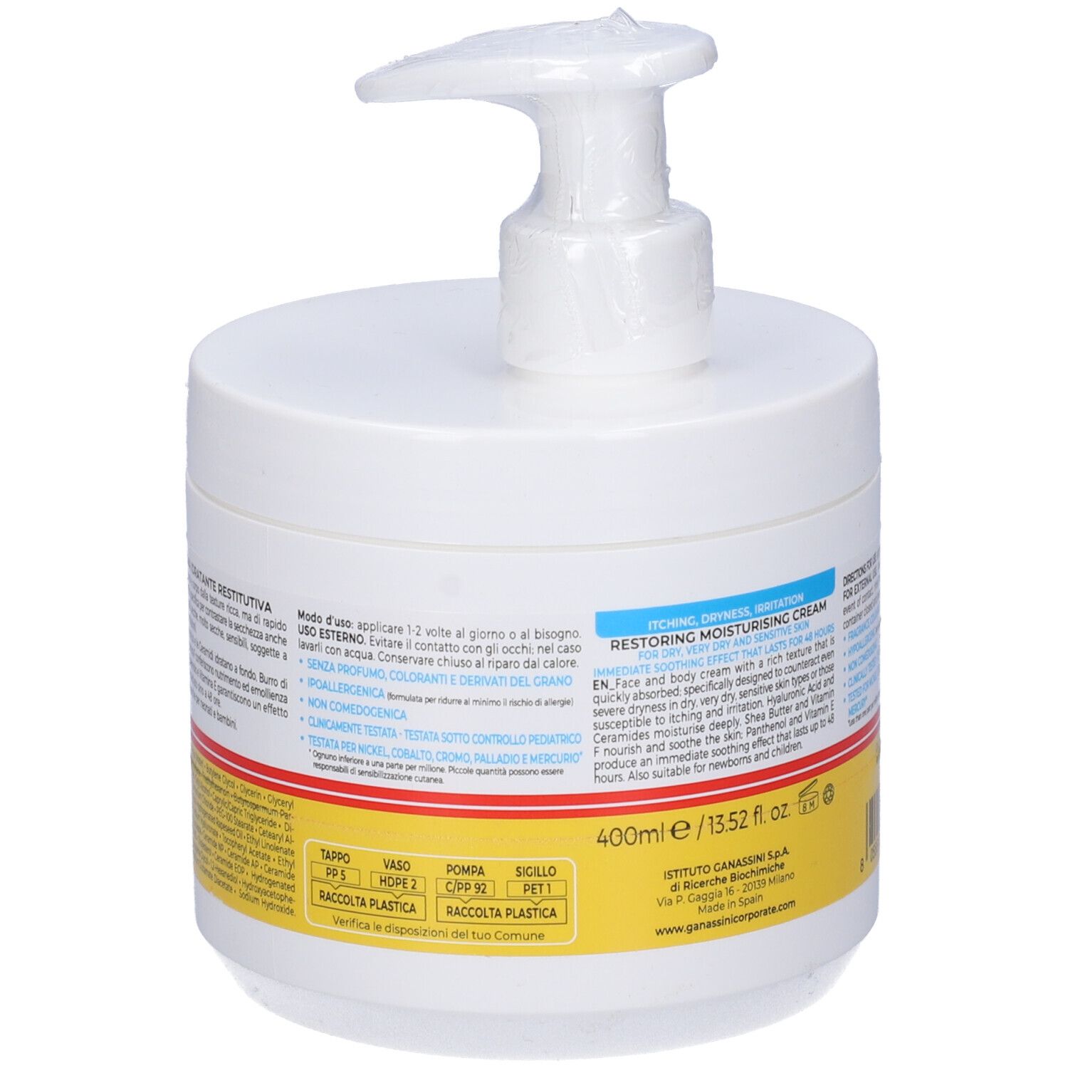 Rückansicht der weißen Dose mit Pumpaufsatz. Text auf gelbem Streifen. Aufschrift: Vitamin Dermina, Crema Idratante Restitutiva.
