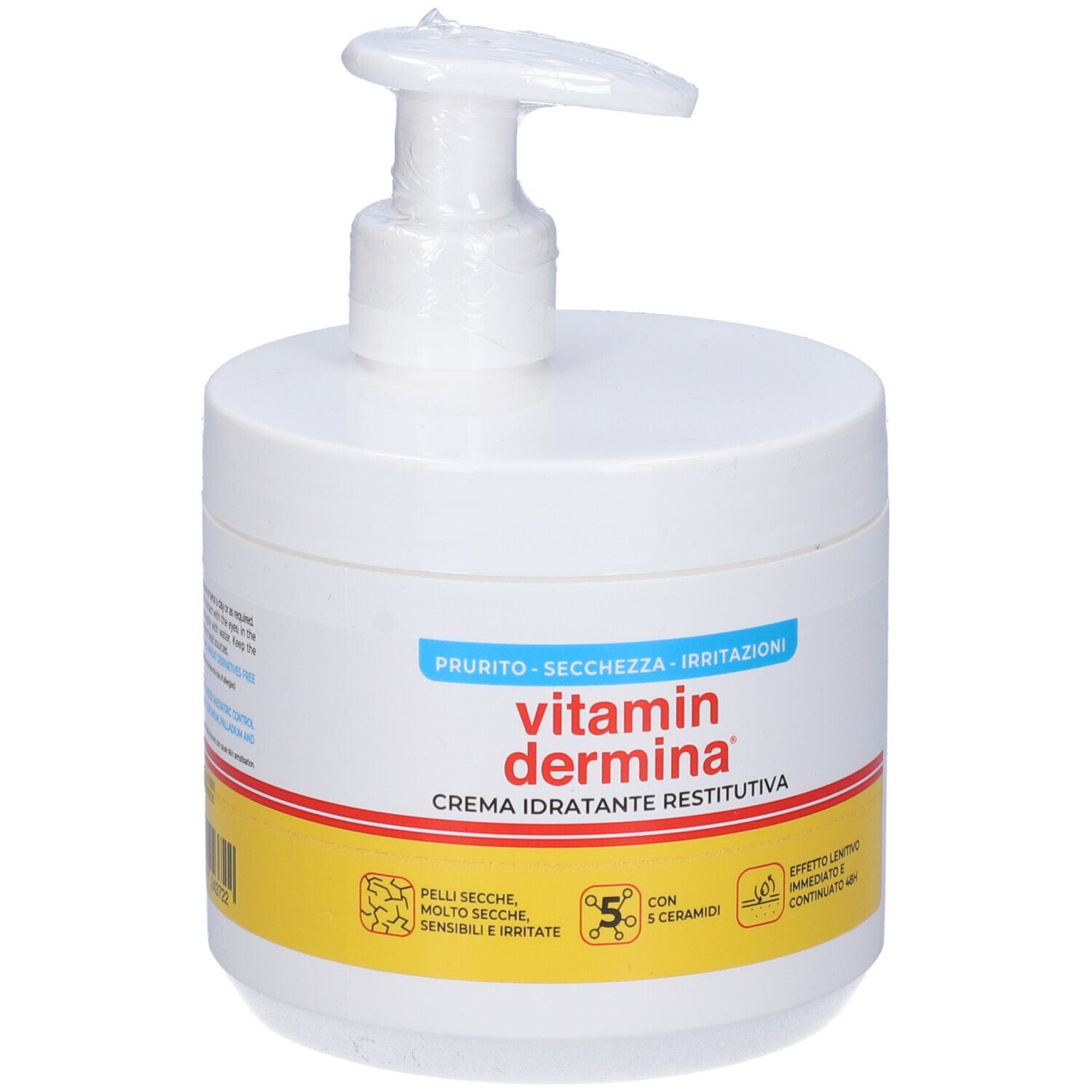 Weiße Dose mit Pumpaufsatz. Aufschrift: Vitamin Dermina, Crema Idratante Restitutiva. Gelbe und rote Streifen.