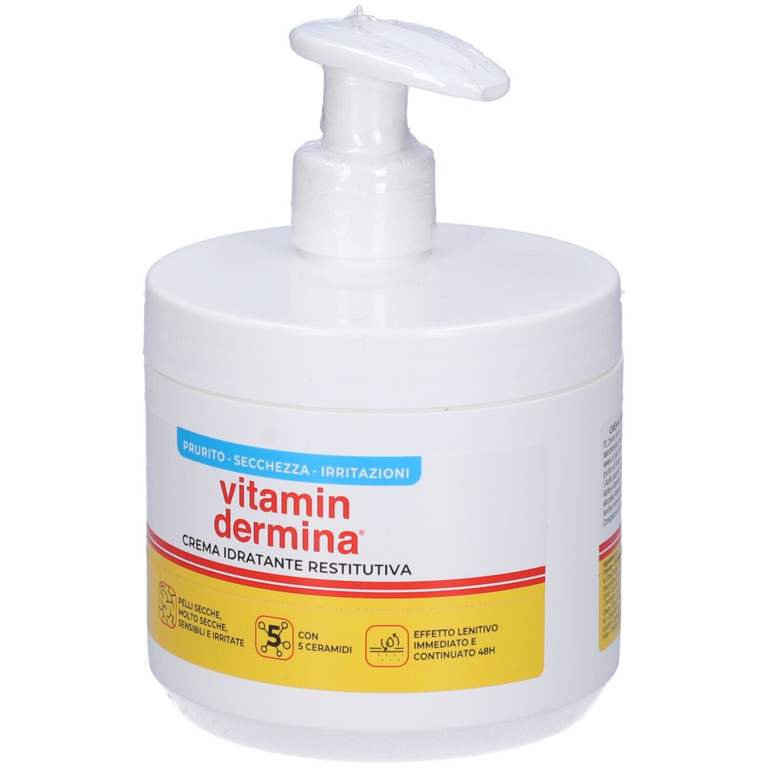 Weiße Dose mit Pumpaufsatz. Aufschrift: Vitamin Dermina, Crema Idratante Restitutiva. Gelbe und rote Streifen.